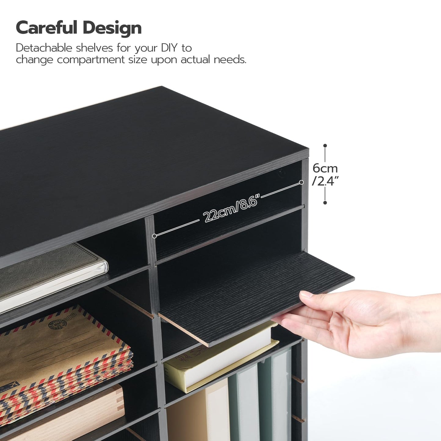 HOOBRO Literature Organizer, 27 Compartments Wooden Mail Organizer, Countertop Literature Sorter with Adjustable Shelves for Home, Office, School, Student Mailbox for Classroom, Black BK27WF01