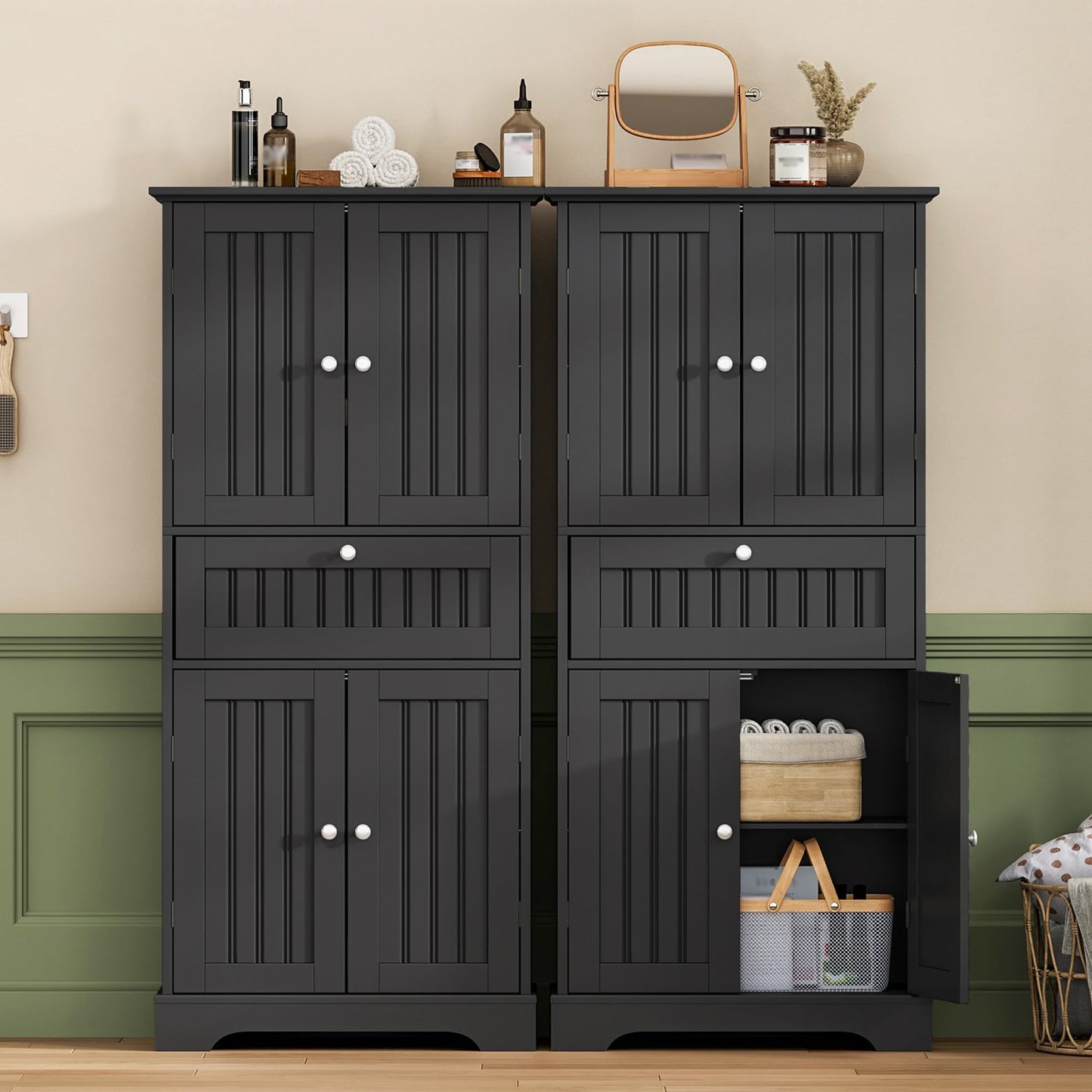 ChooChoo 51" H Tall Bathroom Floor Cabinet, Modern Bathroom Storage Cabinet with Drawer and Adjustable Shelves, Freestanding Kitchen Pantry Cupboard with 4 Doors for Living Room, Black