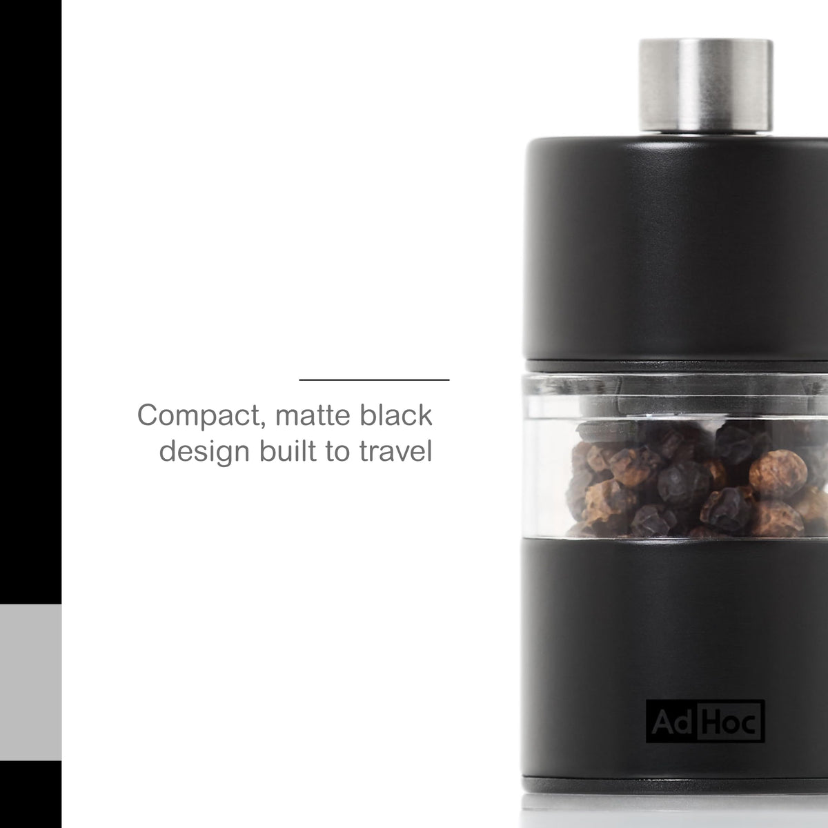 AdHoc Mini Salt & Pepper Mill - 2-in-1 Refillable Salt & Pepper Grinder Set - Features Adjustable Mechanism & Ceracut Ceramic Grinder (Black)