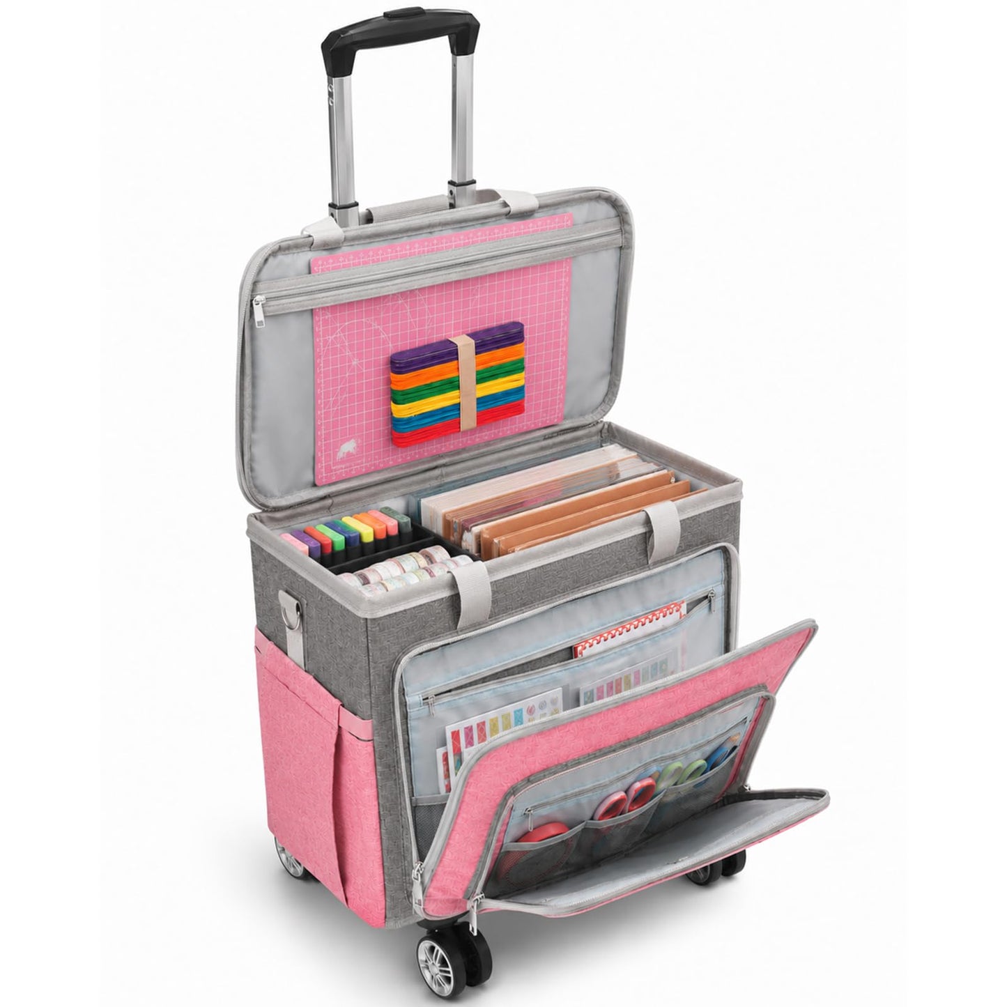 FINESUN Rolling Teacher Tote Bag with Wheels Craft Storage Organizer Bag, Portable Wheeled Craft Cart for Teacher Art Office Scrapbook Supplies, Heavy Duty Multi-Purpose Rolling Tote Pink