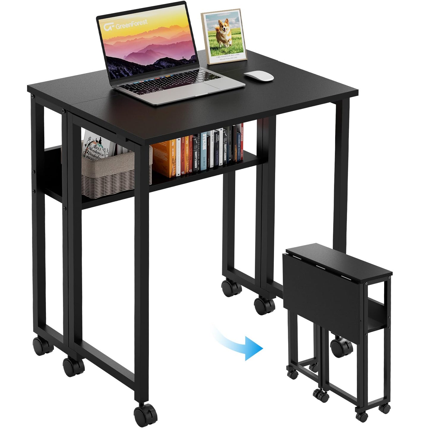 GreenForest Folding Desk with Wheels, 24.8 Inch Compact Rolling Computer Table with Storage Shelf, Portable Mobile Workstation for Small Spaces, Easy Assembly, Black