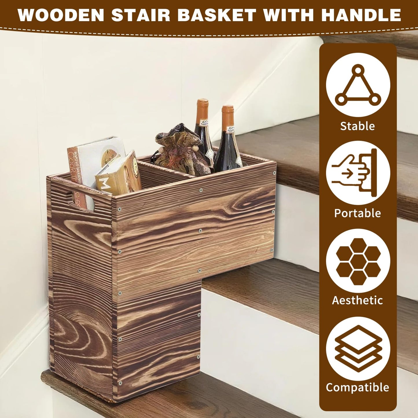 THOOUM Wooden Stair Basket with Handles, 235mm Wide Staircase Basket Organizer for Carpeted & Wooden Stairs