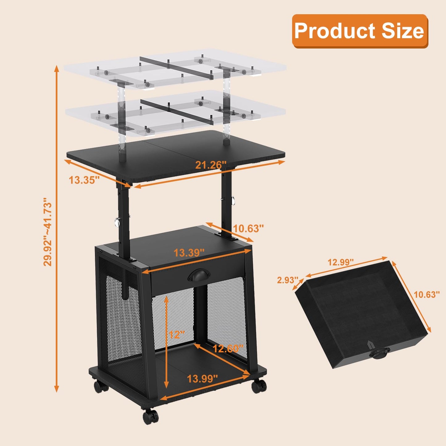 Height Adjustable Standing Desk with Wheels,Mobile Sit Stand Up Desk with Drawer,Rolling Laptop Computer Desk with storage,Portable Podium Teacher Stand Desk,Narrow Walking Pad Desk for Home Office