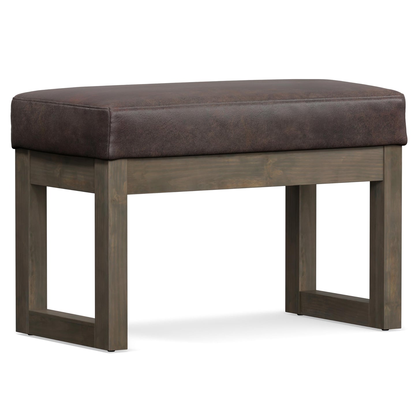 SIMPLIHOME Milltown Small Ottoman Bench - 27 inch Wide Upholstered Vegan Leather Rectangle Footstool Ottoman in Distressed Brown, Contemporary Bench for Bedroom with Cushioned Seat