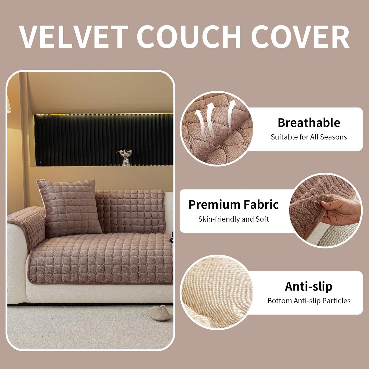 MDSASFD Velvet Couch Cover, Plush Sectional Sofa Cover Washable, Anti Slip Sofa Slipcover for Armrest & Backrest, Furniture Protector Covers for Pets & Kids(1PC, Dark Brown, 35.4"×35.4")