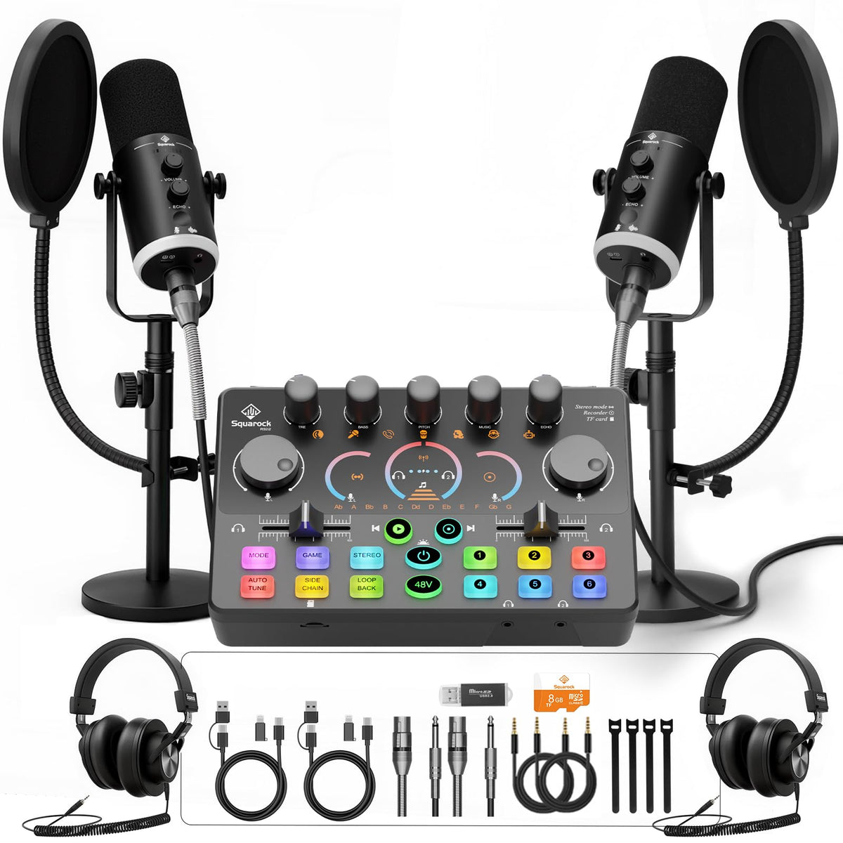 Podcast Equipment Bundle for 2, Dynamic XLR/USB Gaming Microphone & Streaming Audio Mixer with RGB Lights, Perfect for Podcast, Recording, Video Vocal, PC