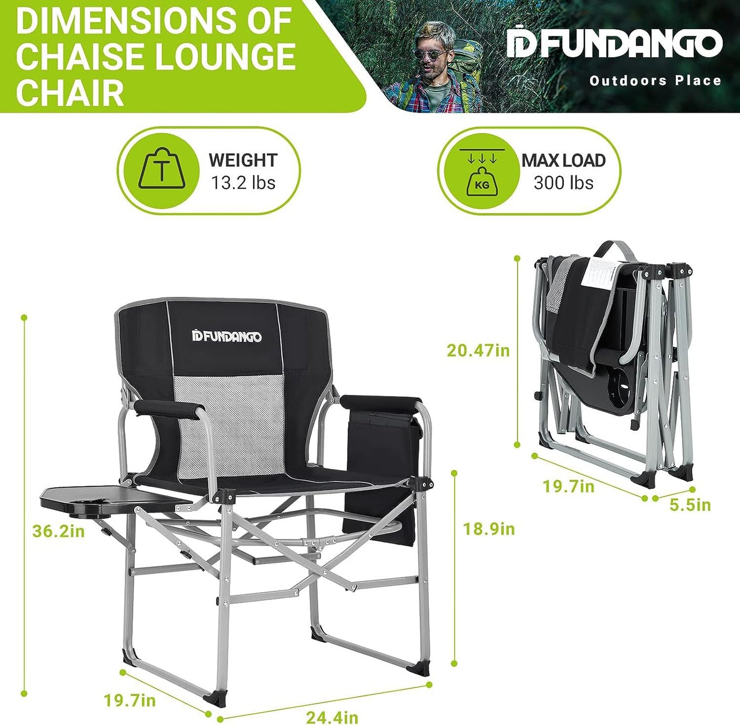 FUNDANGO Camping Directors Chair with Side Table, 32.6" D x 36.2" W x 39.3" H, Black