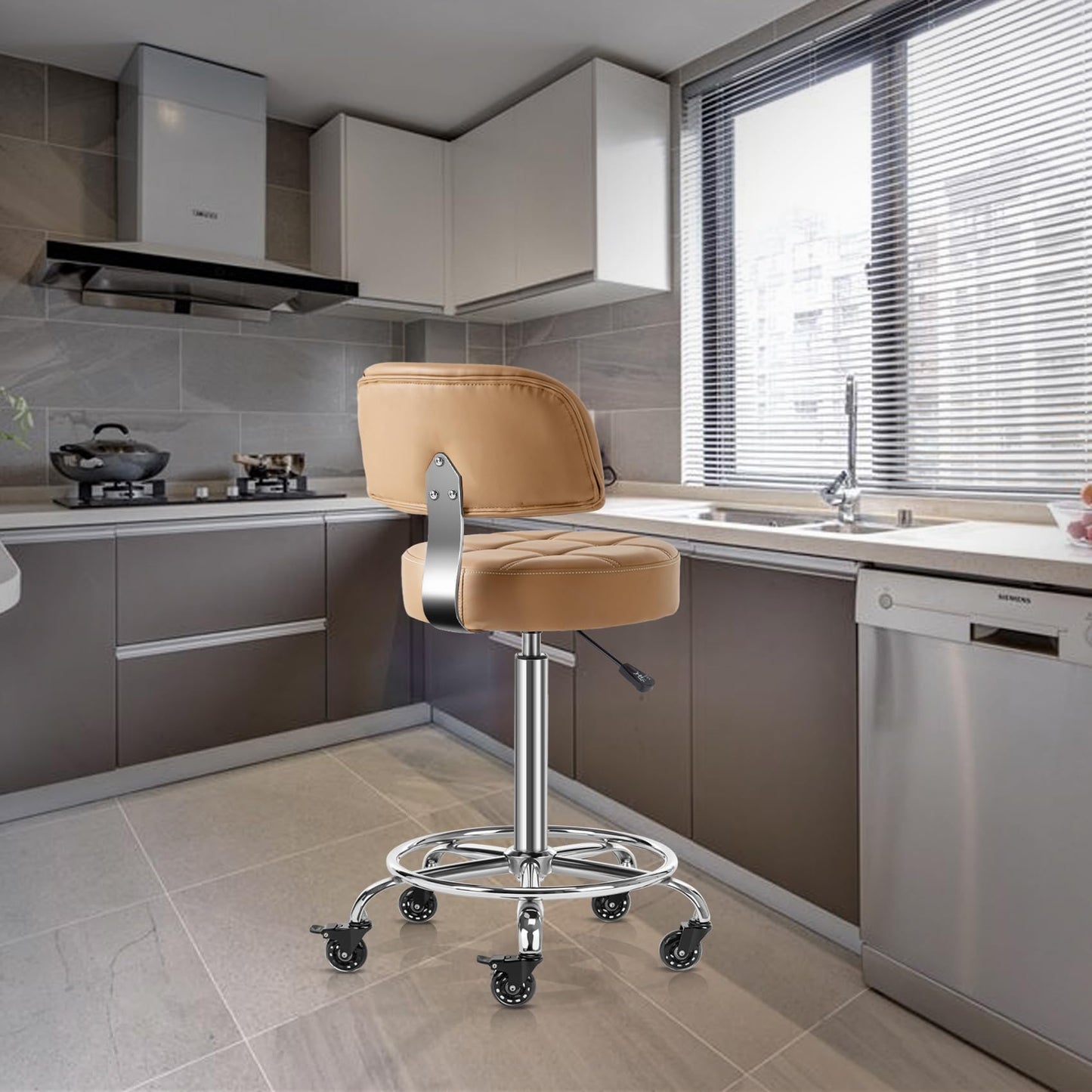 CoVibrant Lockable Stool with Back and Foot Rest Ergonomic Rolling Hydraulic Adjustable Stool for Doctor Esthetician Artist Home Small Office Desk (Camel, 24''-31'')