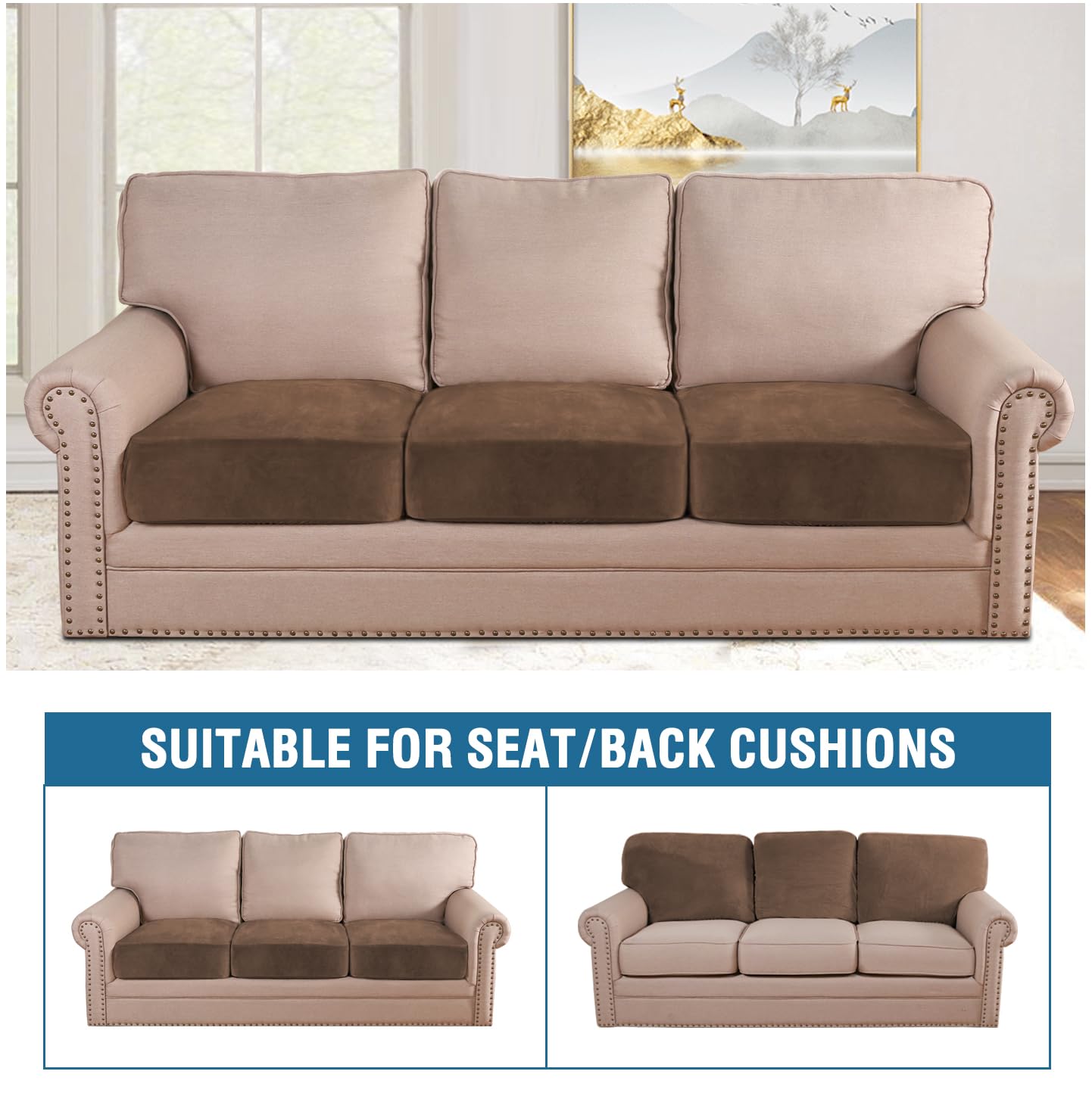 H.VERSAILTEX Velvet Stretch Couch Cushion Cover Plush Cushion Slipcover for Sofa Cushion Furniture Protector Seat Cushion Sofa Cover (3 Piece Sofa Cushion Covers, Caramel Cafe)