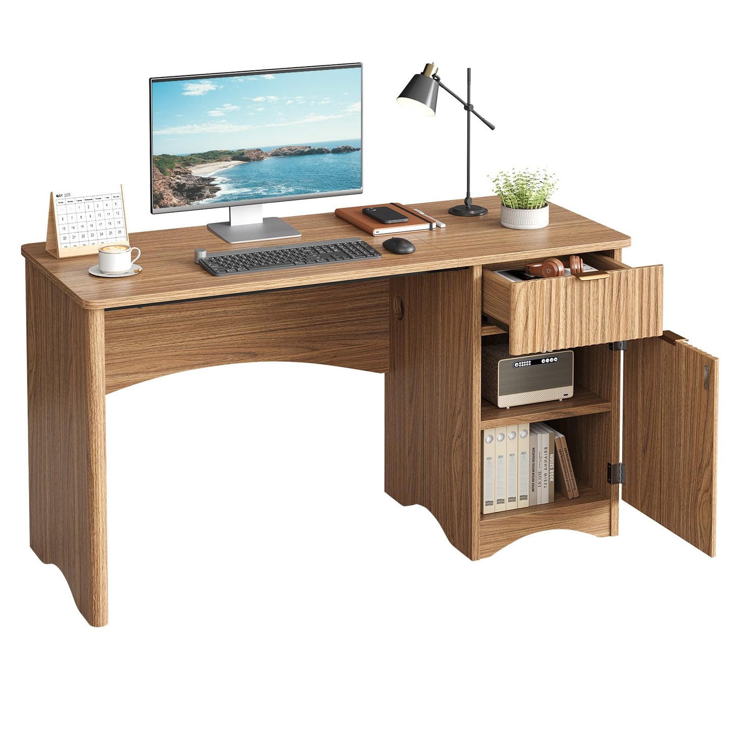 Bestier Computer Desk with Drawer, 47 inch Office Desk with Storage Cabinet, Modern Wood Desk Adjustable Shelves for Home Office & Studio, Brown Oak