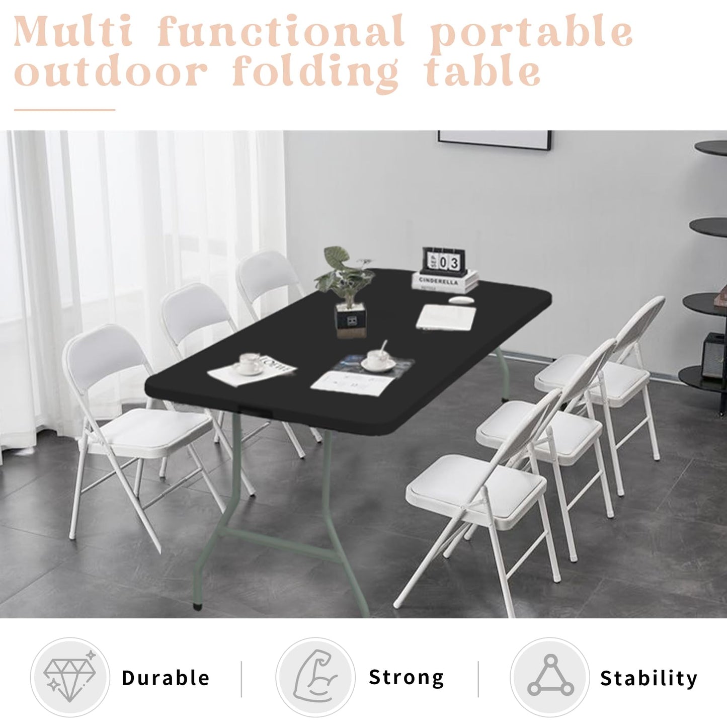 HAISIWLKJ Folding Table 6 FT Lightweight Camping Table Black Portable Plastic Rectangular Outdoor Dining Table Steel Legs Fold-in-Half with Carrying Handle for Indoor,Picnic,Party,Wedding,Events