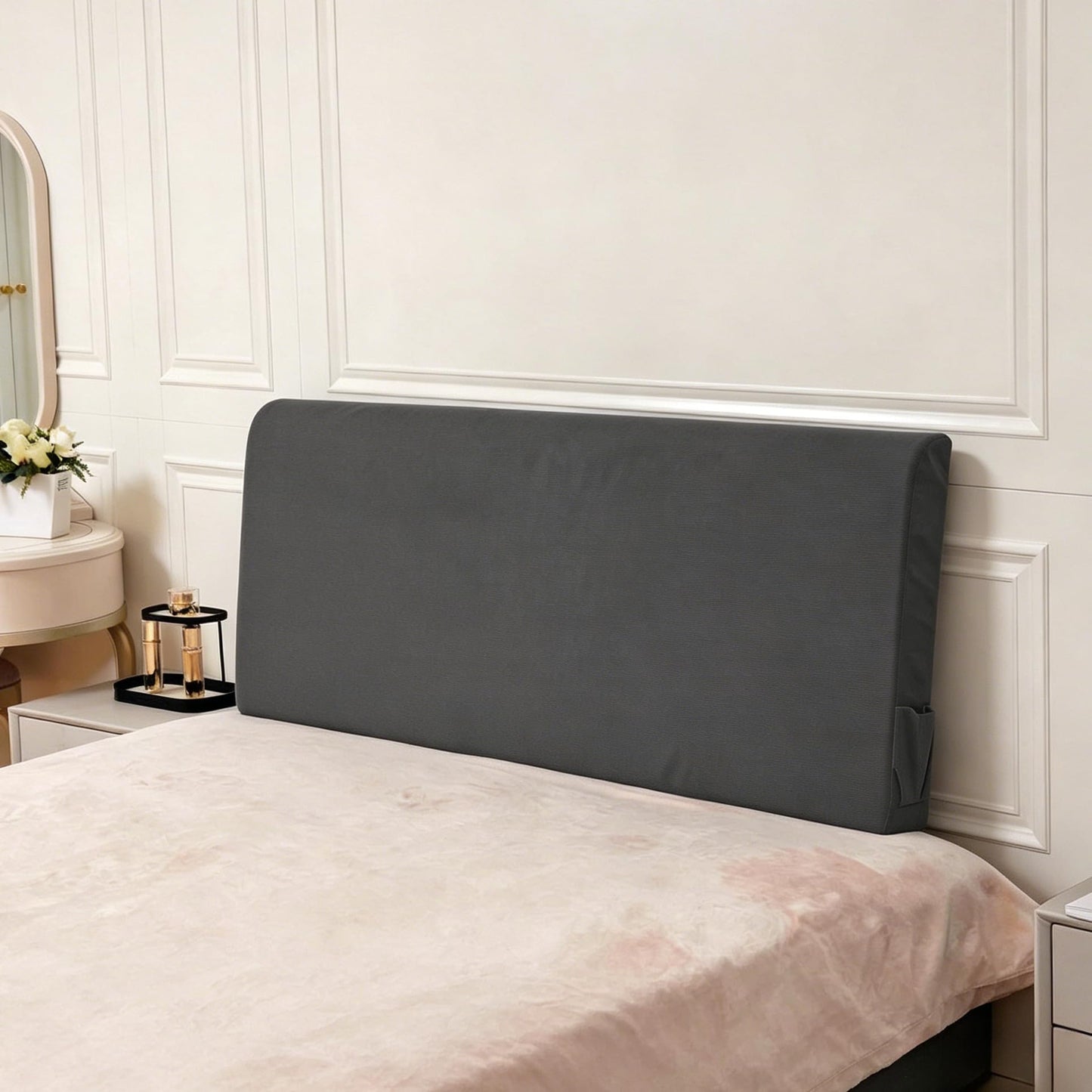 Upholstered Cotton Velvet Full Headboard No Assembly Required Direct Installation, Soft Headboard with Storage Pocket, Removable Washable Cover, 3D Soundproof Bed Wall Panels, 54x4x24, Grey