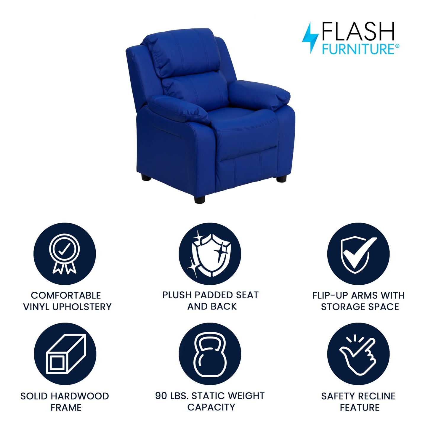 Flash Furniture Charlie Vinyl Kids Recliner with Flip-Up Storage Arms and Safety Recline, Contemporary Reclining Chair for Kids, Supports up to 90 lbs., Blue