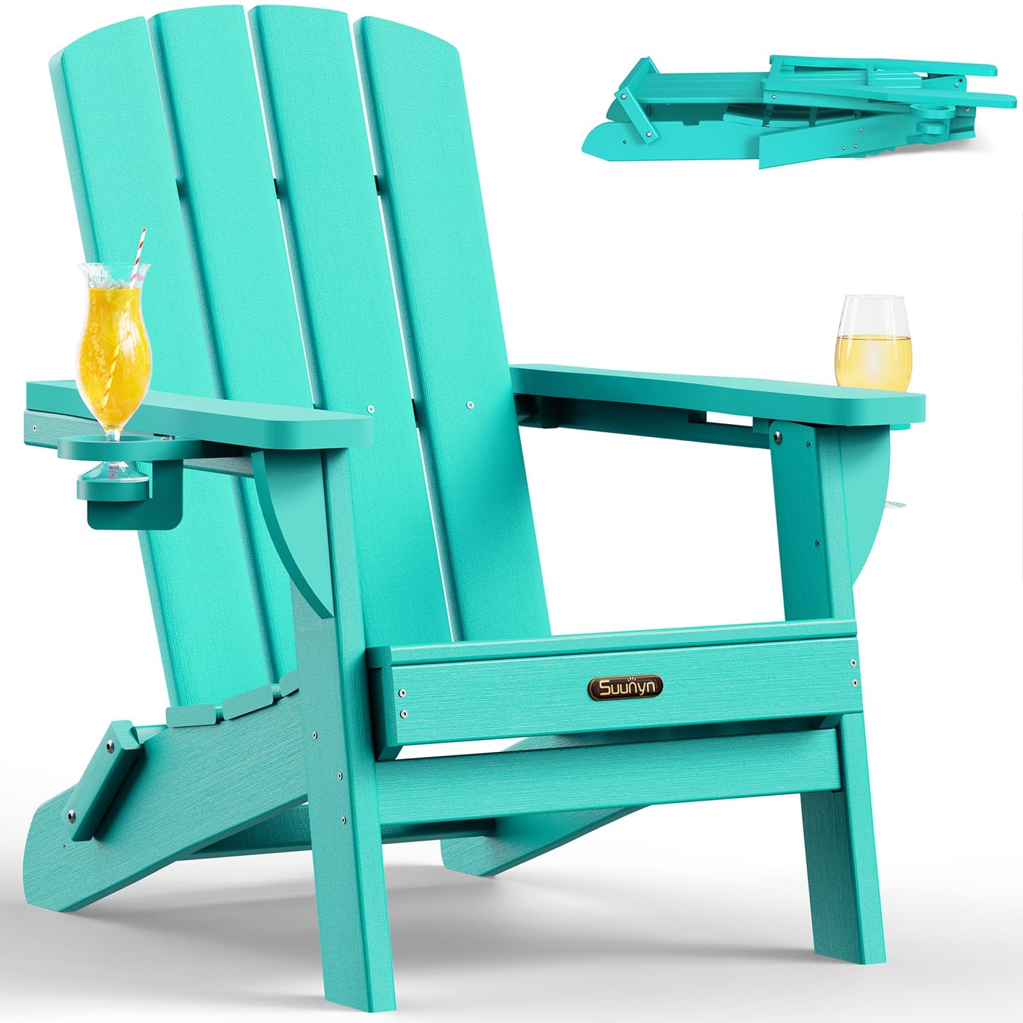 SUUNYN Folding Adirondack Chair, HDPE Adirondack Chairs with 2 Cup Holder, Plastic All-Weather Fire Pit Chairs, Outdoor Lawn Chair for Patio Garden (Lake Blue)