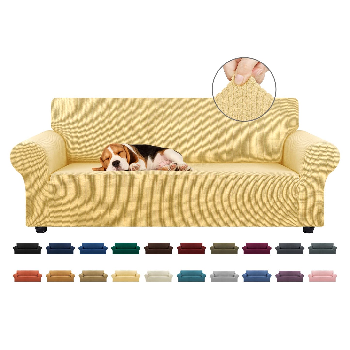 KEKUOU Stretch Sofa Cover Slipcover ，Couch Covers for 3 Cushion Couch Sofa pet Friendly (78"-94") Furniture Protector Sofa with Elastic Bottom for Kids,Dog, Jacquard Small Checked(Large,Champagne)