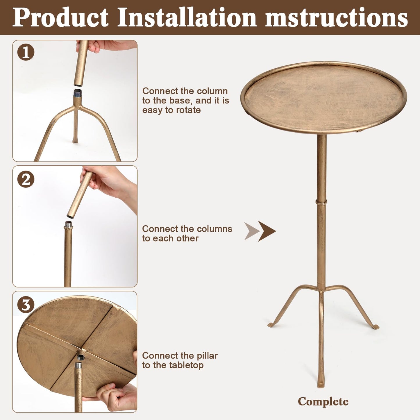 SUJUN Metal Martini Side Table, Antique Brass – Compact Art Deco Design, Raised Edge, Easy Assembly, 12.5" Diameter, 27.5" Height, Stylish and Functional Cocktail Table