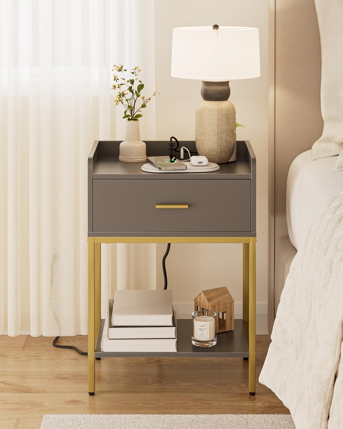 Apetaccat Nightstand with Charging Station,3-Tier Bedside Table for Small Space,Modern Night Stand with Storage Drawer and Shelf,Small Side Table for Bedroom,Living Room,Gray