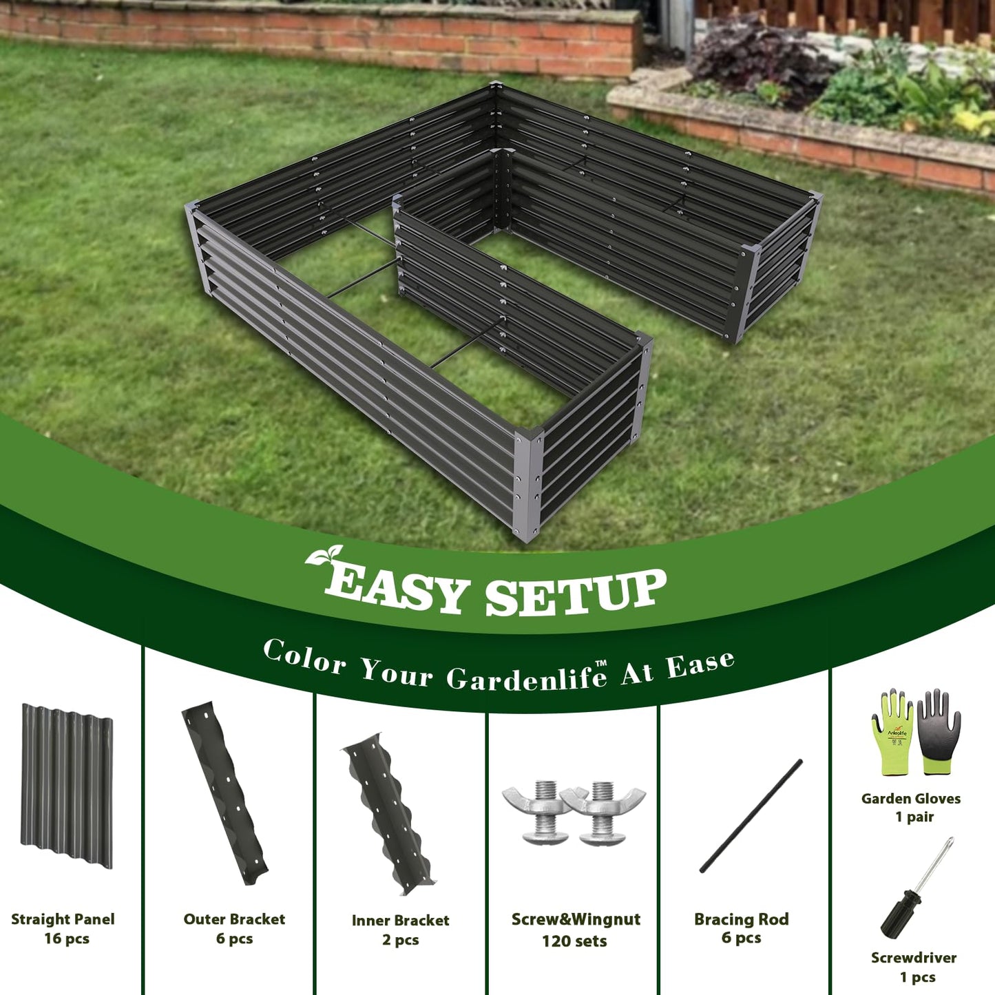 A ANLEOLIFE U-Shaped Outdoor Galvanized Raised Garden Bed, 6x6x1.5ft, Center-Access Bottomless Planter Box, 22-Gauge Corrugated Metal, Reinforced Bracing Rods, Quartz Grey
