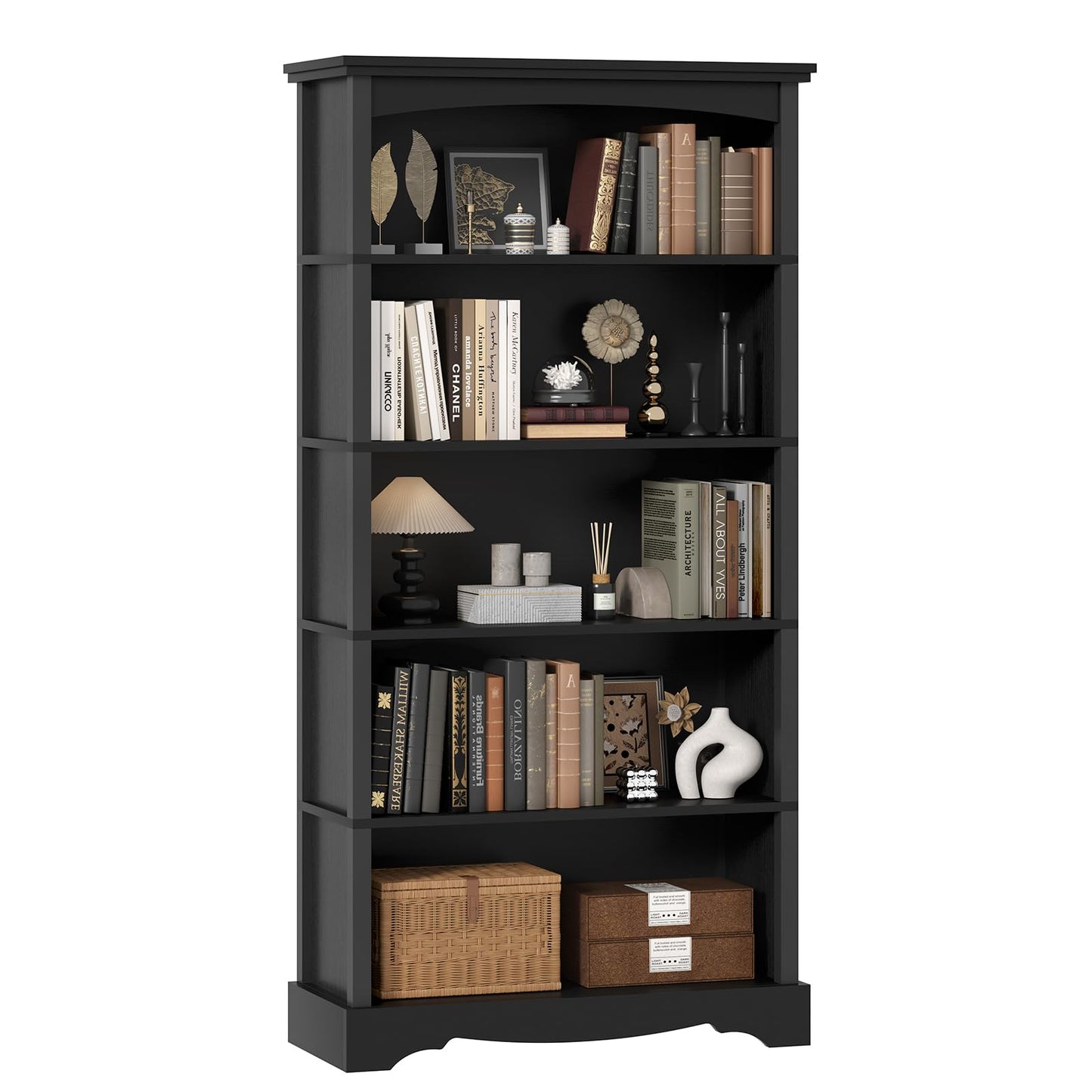 TVU 5-Tier Wooden Bookshelf, 31.5" W x 65" H ×9.9" D Bookshelf with Storage, Floor Standing Modern Style Display Bookcase for Living Room, Office, Study Room, Entryway, Black