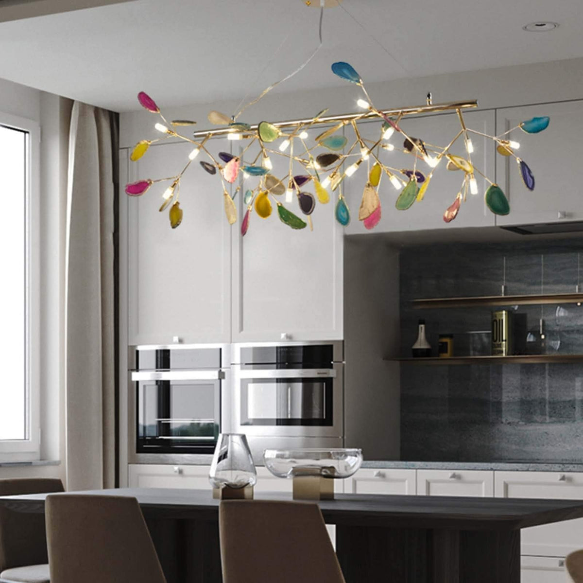 ZYBB Agate Firefly Chandelier Dining Room,Blue G4 Elegant Flush Mount Long Ceiling Light Fixture,24 Light Creativity Colorful Agate Stone During Light-Gold and Colored Agates