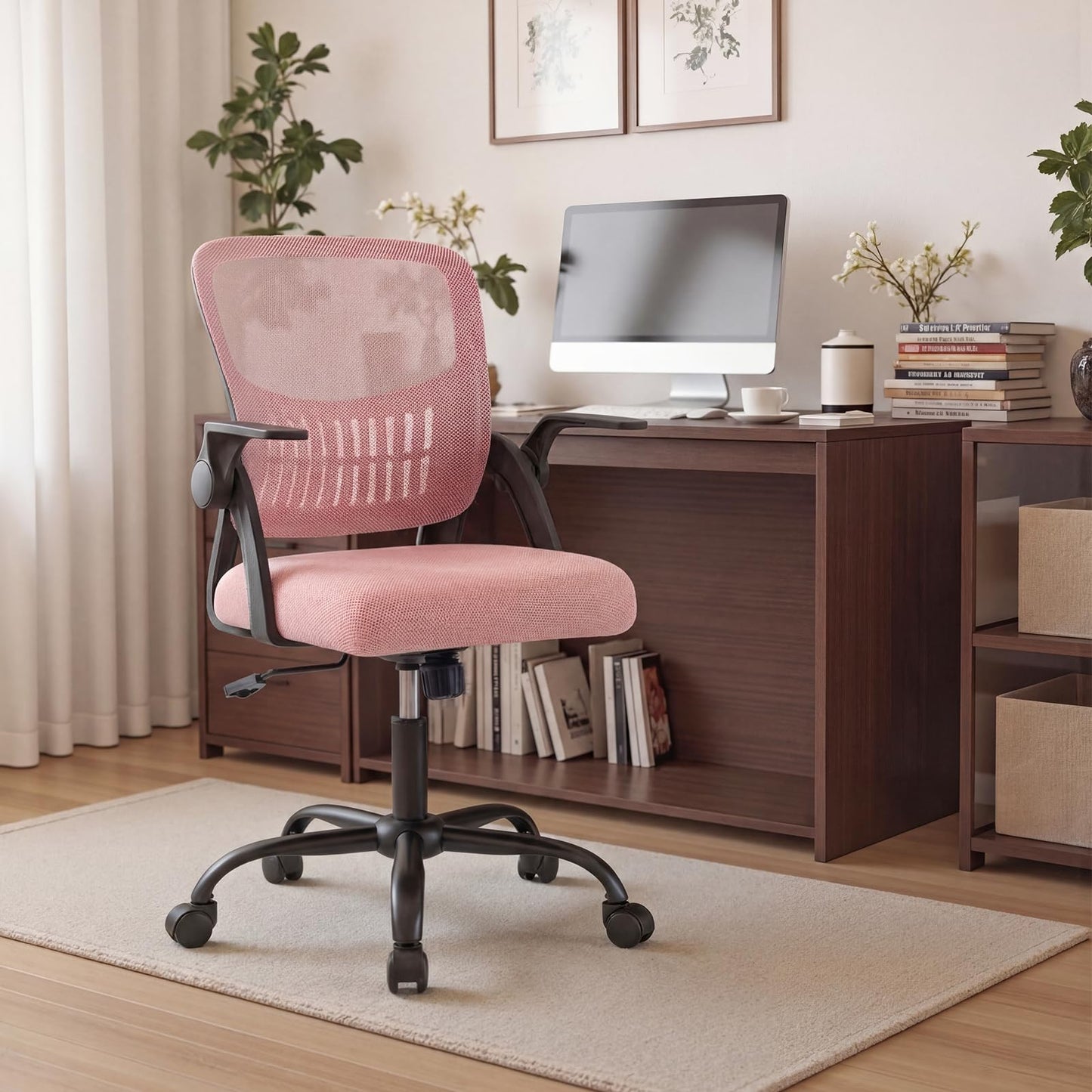 DUMOS Home Office Desk Chair - Ergonomic Computer Mesh Chair with Lumbar Support & Rocking Mode, Height Adjustable with Flip-up Armrest, for Conference, Meeting Room, 360° Swivel, Adults, Pink