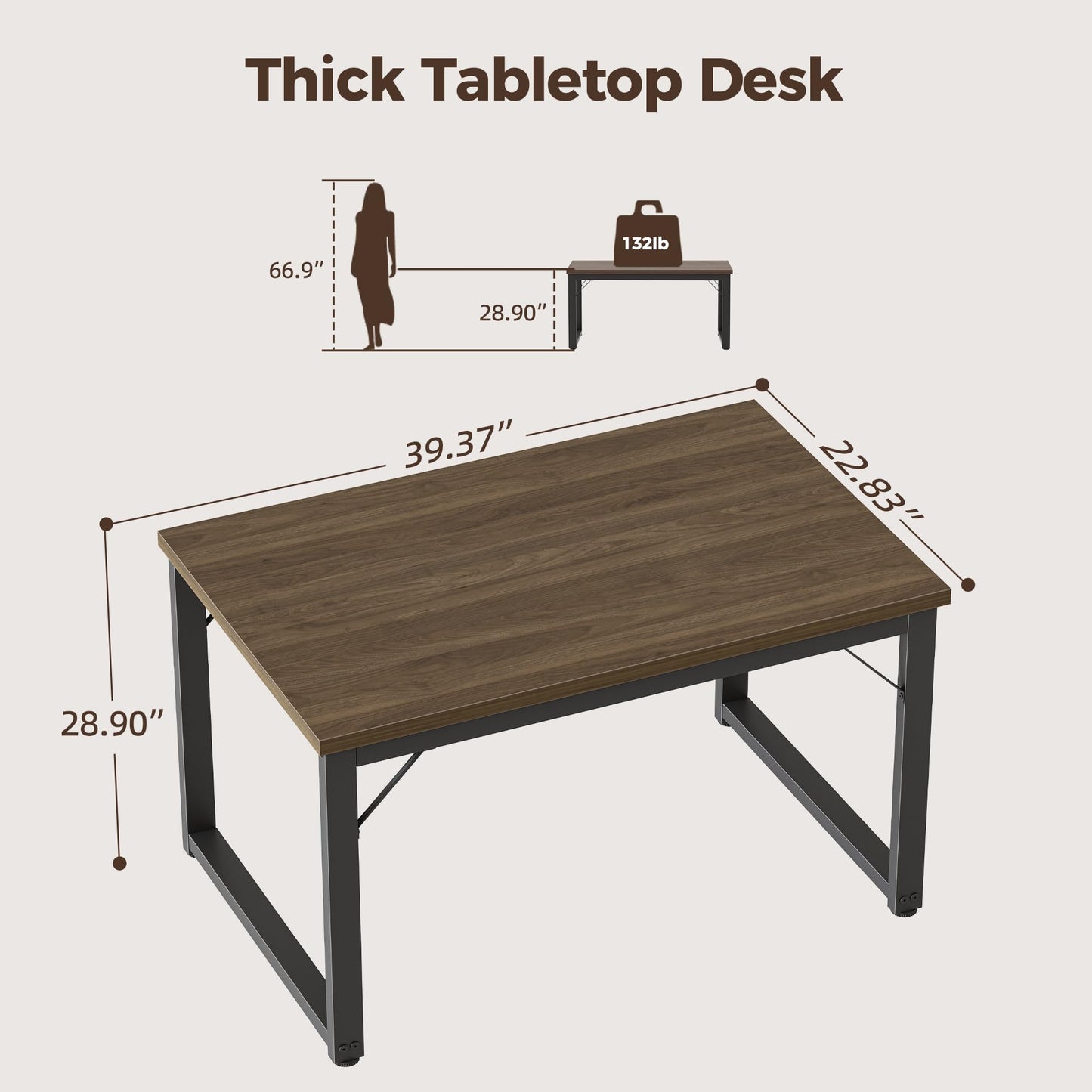 Mericonia 40 Inch Computer Desk, 1" Thick Modern Simple Study Writing Table, Heavy Duty Industrial Office Desk for Home Bedroom Workstation, Walnut