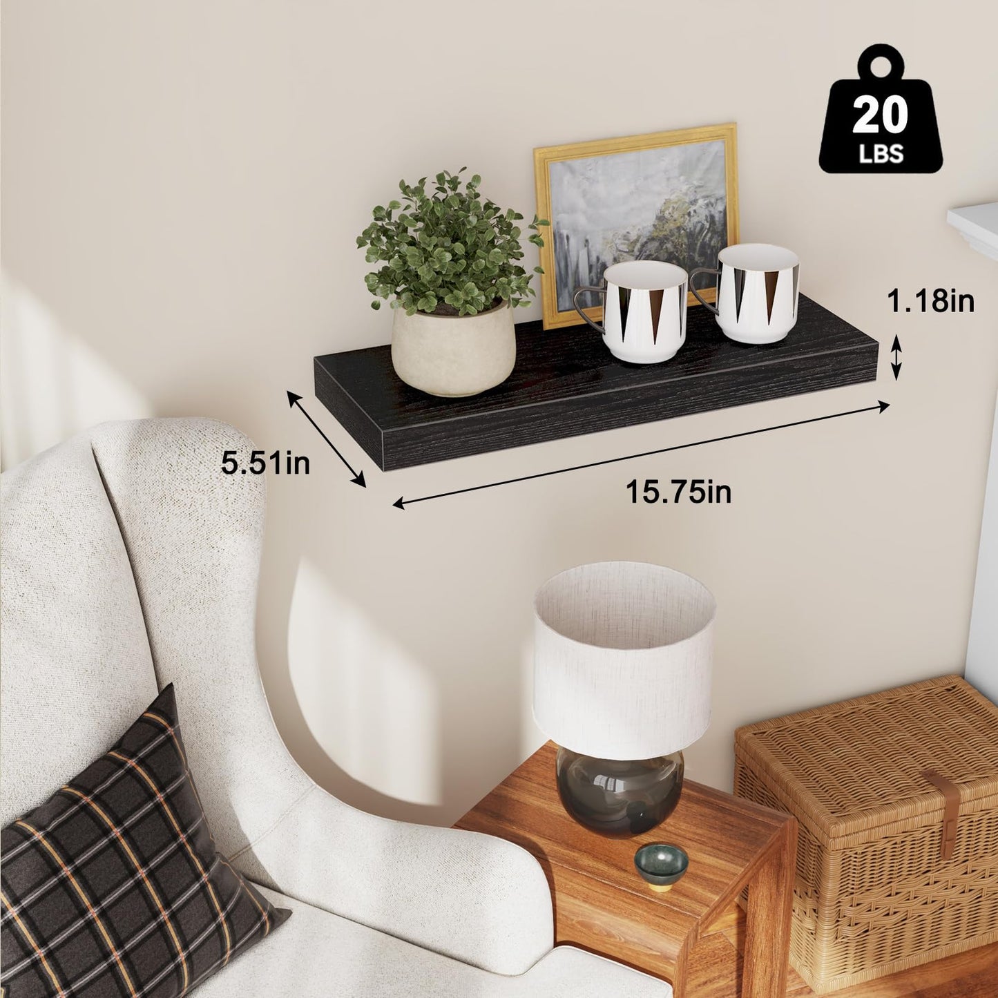 Fixwal Floating Shelves for Wall, 15.7" Wood Wall Mounted Shelves for Living Room, Bedroom, Bathroom and Kitchen, for Storage, Books, Room Decor (Black, Set of 2)