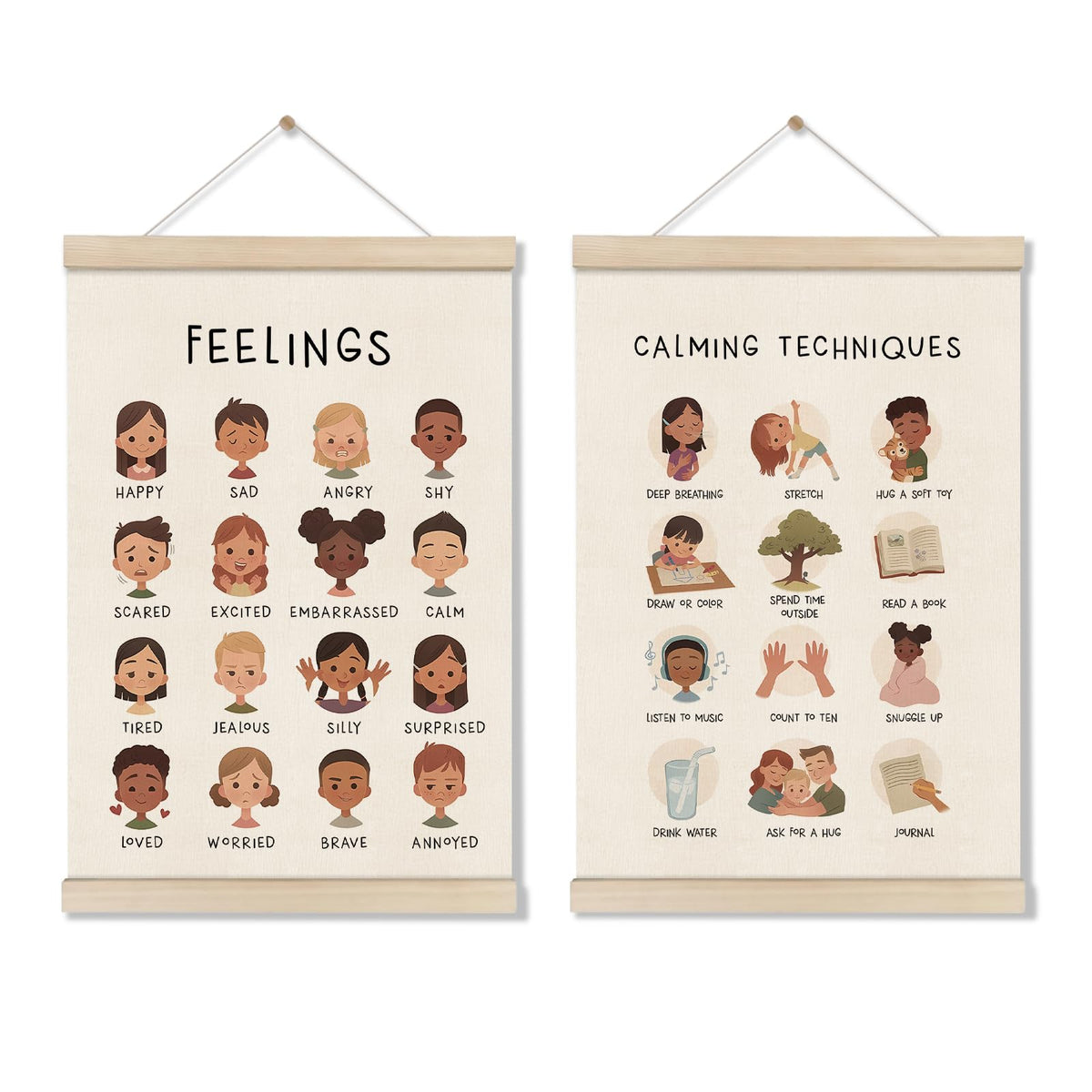 DOI-LANEE Feelings Chart 16x12 Inch, Mental Health Poster Hanger Frame, Montessori Emotions Poster Wall and Therapy Office Decor, Psychology Gifts, Set of 2 Preschool Classroom Decor