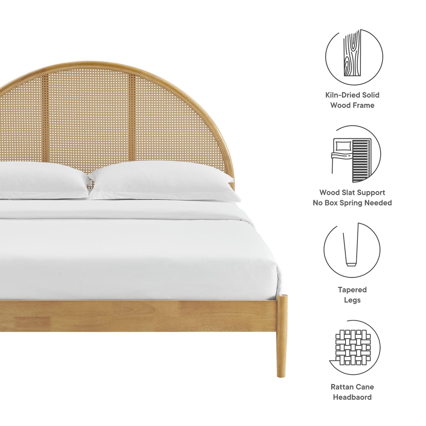 Modway Odette Arched Queen Platform Bed in Oak with Rattan Cane Headboard – Wooden Queen Half Moon Bed Frame – Mid-Century Modern Queen Size Platform Bed Frame