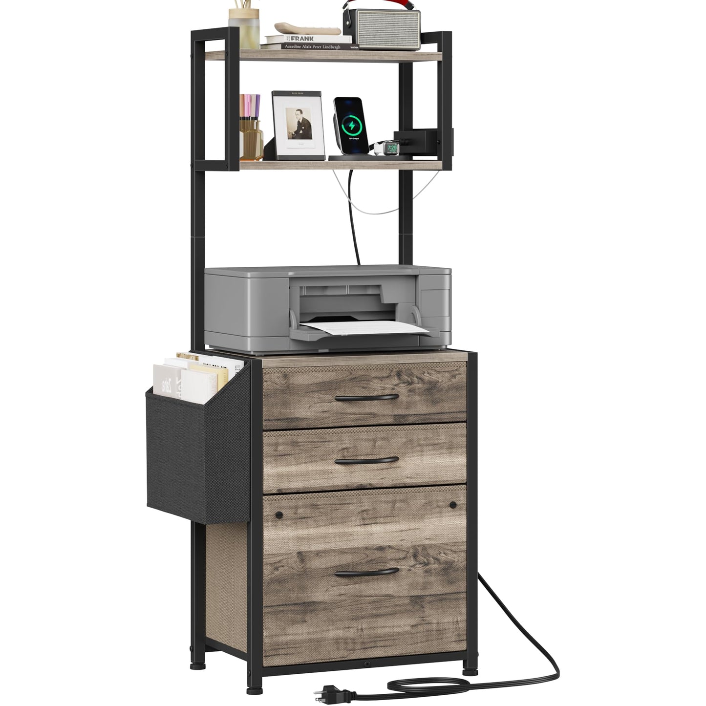 HIGDBFE 3 Drawer File Cabinet with Charging Station, 45''H, 3-Tier Small Filing Cabinet for Home Office, 11''*16'' for Small Printer, Fabric Drawer Fits Letter/A4, Tall Printer Stand, Grey