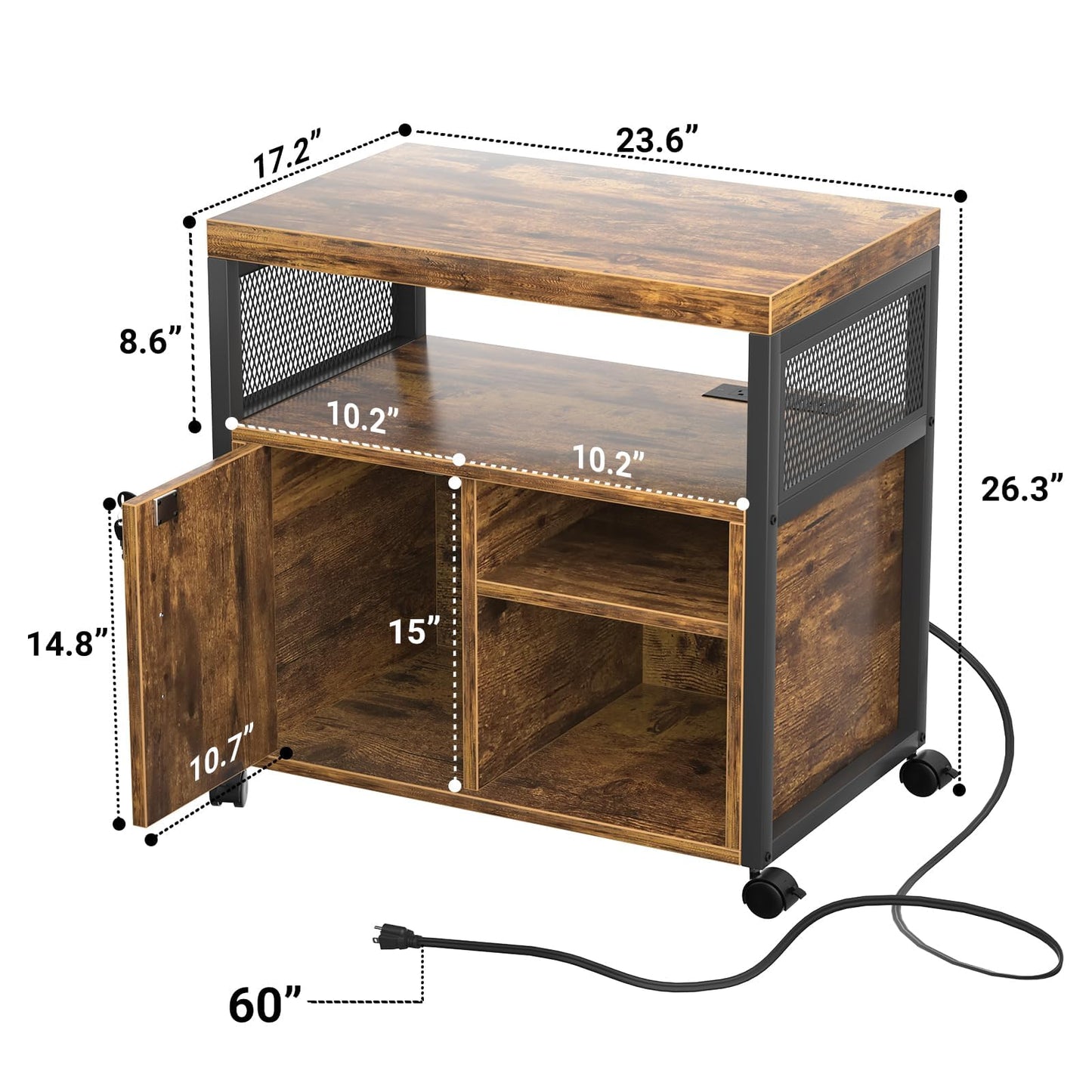 Unikito Rolling File Cabinet, Lateral Filing Cabinet on Wheels Mobile Office Printer Stand with Door and Open Storage Shelf for A4, Letter Size and Hanging File Folders, Lockable, Rustic Brown