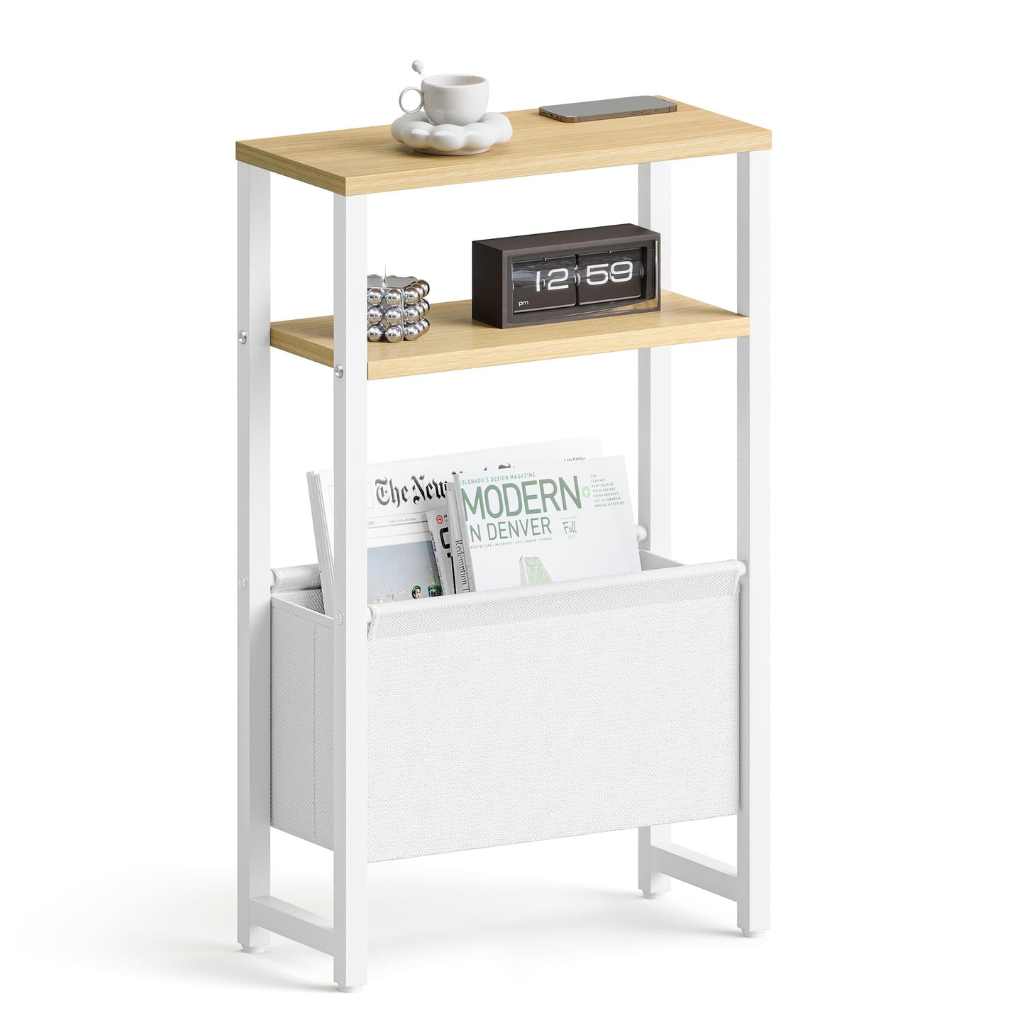 IRCPEN Narrow Side Table, Slim End Table with Magazine Rack, Skinny Bedside Table for Small Spaces, 3 Tier Sofa Couch Table Nightstand for Living Room, Bedroom, Natural LET503Y