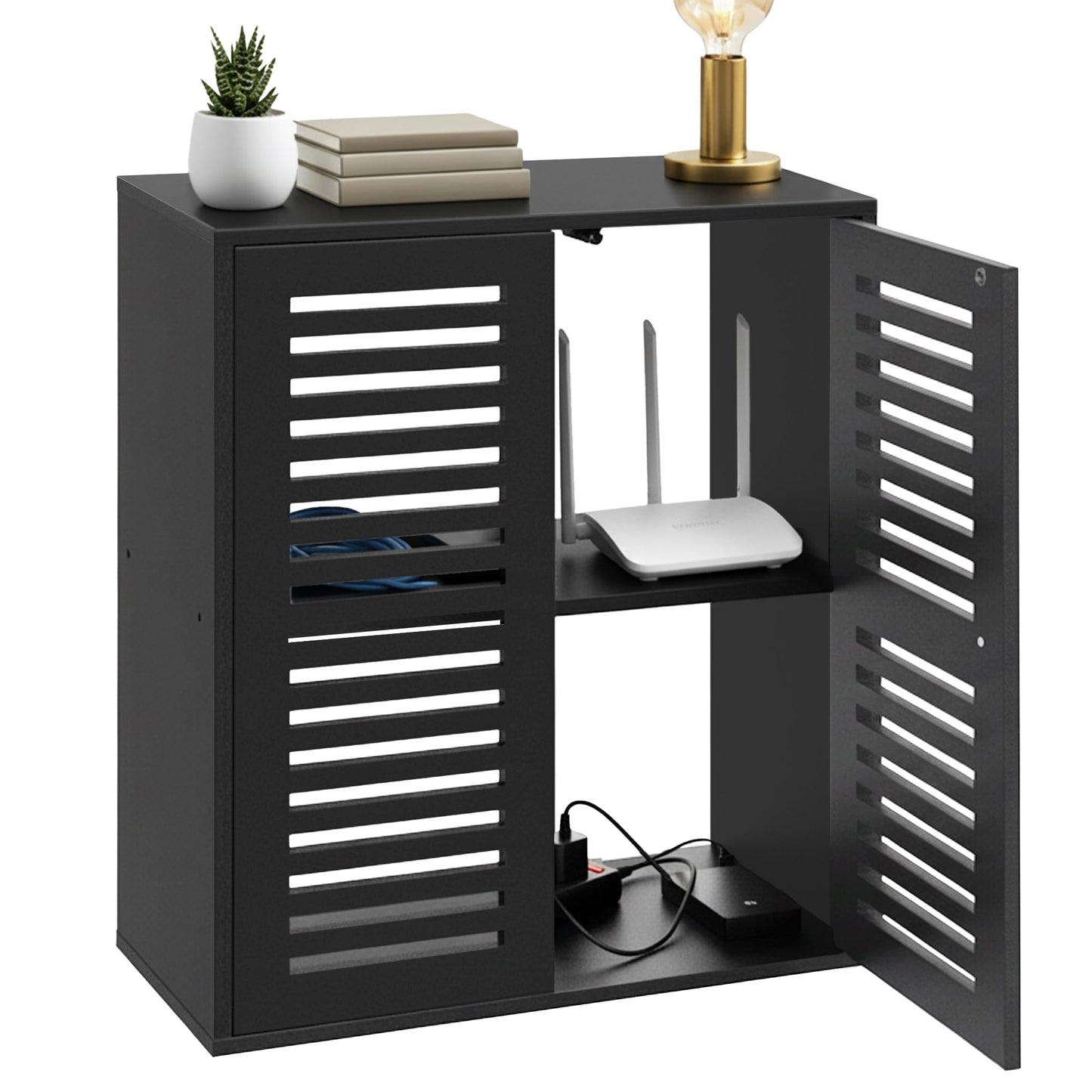 WiFi Router Storage Cabinet, Floor Standing Router Storage Box Modem, Multi-Functional Router Storage Box, Power Strip and Cable Management Hider Organizer for Living Room, Office, Bedroom, Black