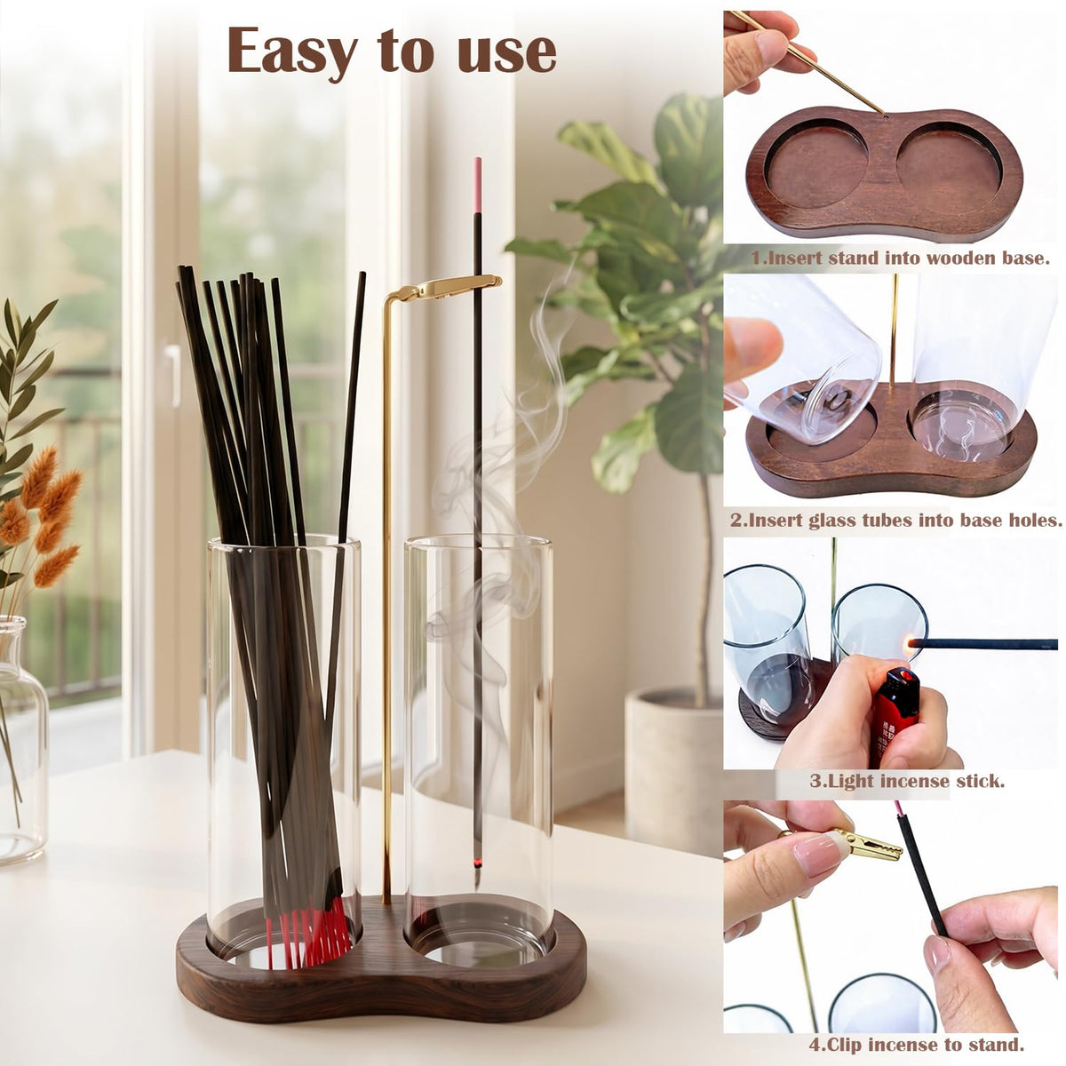 2 in 1 Mess-Free Hanging Incense Holder for Sticks, Anti-Ash Glass Incense Burner with Wooden Tray, Vertical Brass Stand Catcher, Aesthetic Zen Room Decor for Aromatherapy and Meditation