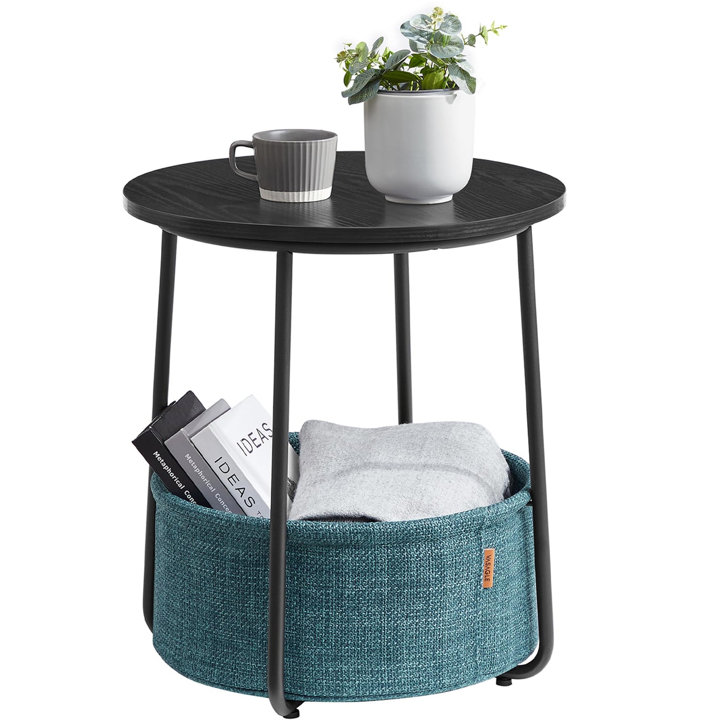 VASAGLE LILEA Collection - Small Round Side End Table, Modern Nightstand with Fabric Basket, Ebony Black and Turquoise Blue ULET223B56