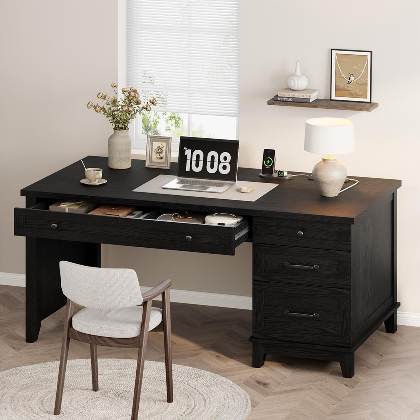 GAOMON 54.5in Wooden Executive Desk with Drawers, Office Desk Computer Table with Charging Station, Farmhouse Home Office Desk with File Cabinet Storage, for Study and Home Office, White Walunt