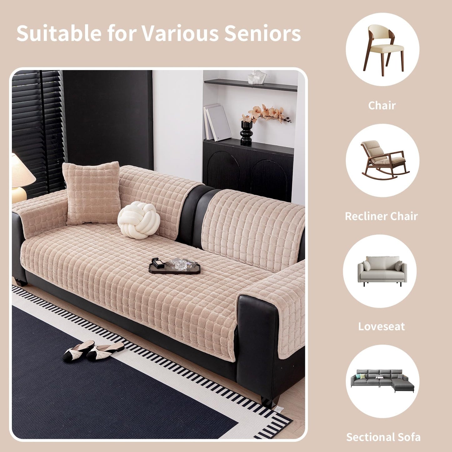 MDSASFD Velvet Couch Cover, Washable Sectional Sofa Cover, Anti Slip Sofa Slipcover for 3 Cushion Couch Sofa L Shaped Armrest Backrest, Furniture Protector Covers for Pets Kids(Khaki, Only 1 PCS)