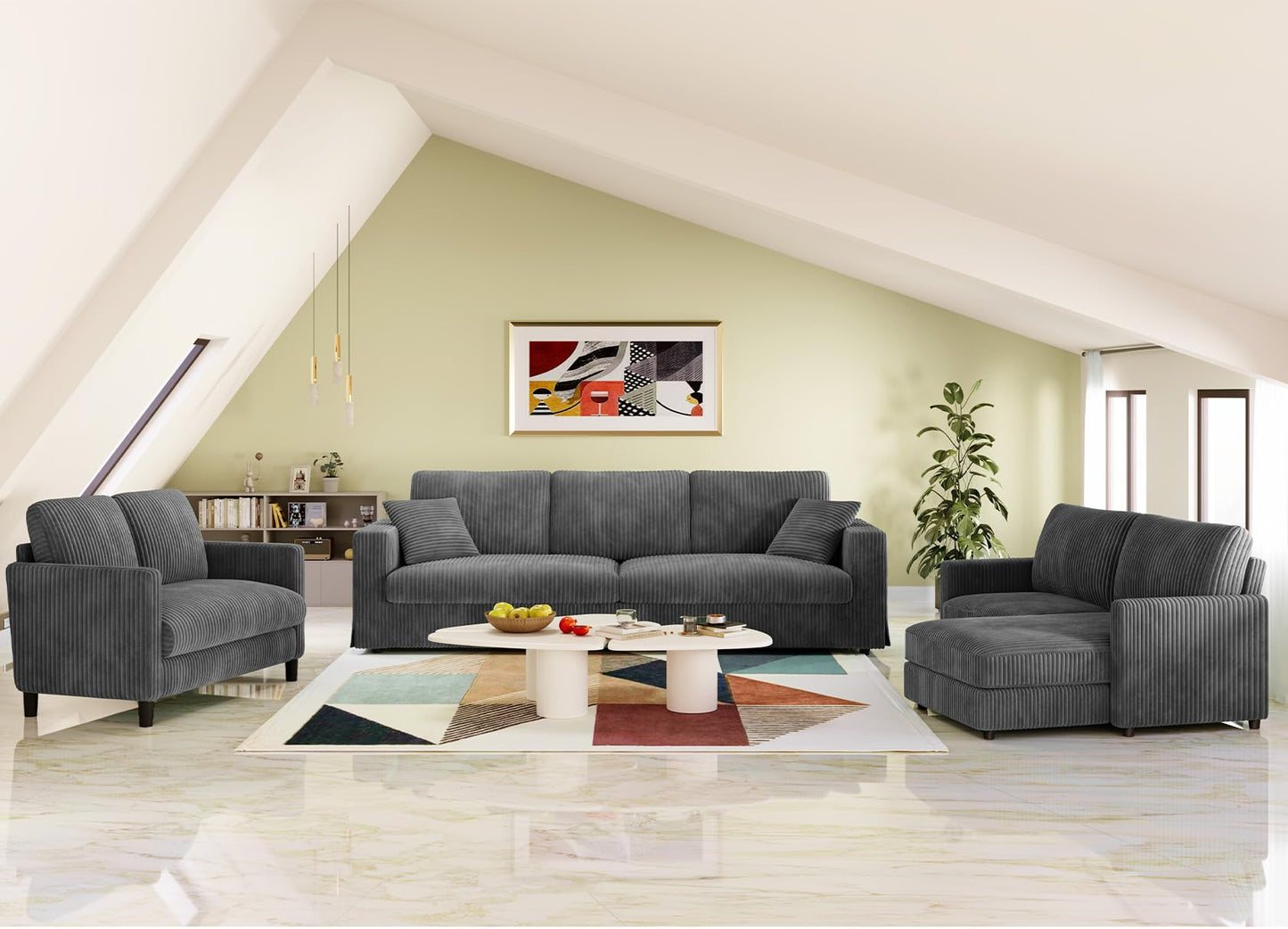 Welzona Plush Corduroy Couch, 101" Comfy Couches for Living Room, Tool-Free Setup Sofas for Living Room 6.3" Extra Wide Armrest, All-Wood Loveseat Sofa Couch for Bedroom/Office, 2 Pillow, Classic Grey