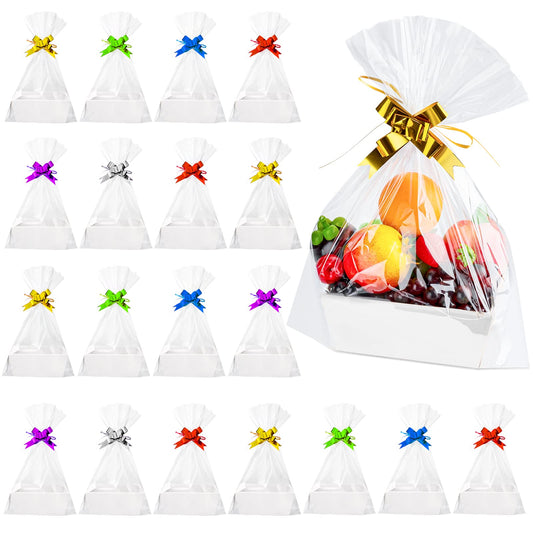 Fainne 74 Pcs Baskets for Gifts Empty Bulk DIY Empty Gift Basket Include 20 Kraft Cardboard Tray with Handles 30 Bags 24 Bows for Christmas Thanksgiving Birthdays Snacks Party, 8" x 6" x 3"(White)