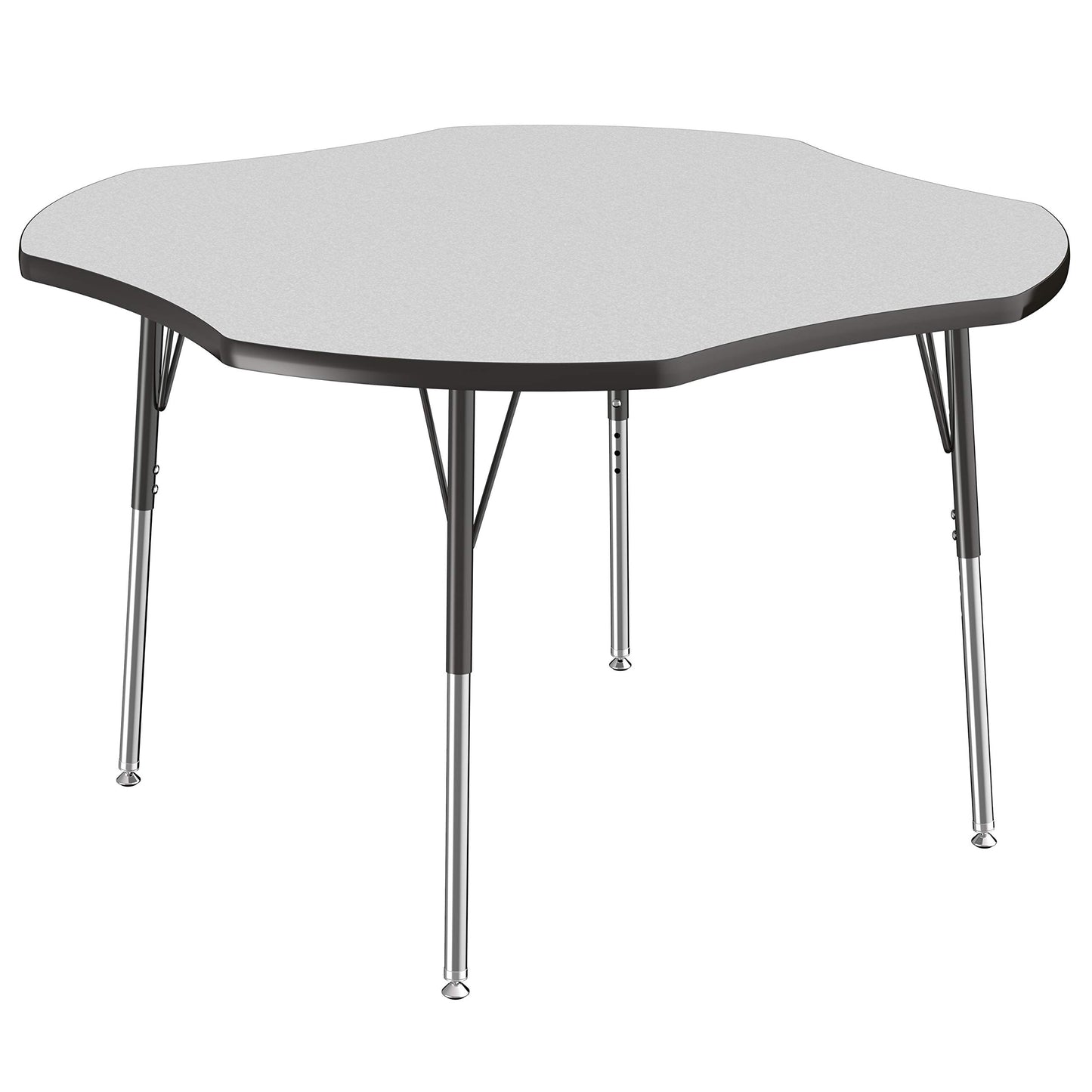 FDP Clover Activity School and Office Table (48 x 48 inch), Standard Legs with Swivel Glides for Collaborative Seating Environments, Adjustable Height 19-30 inches - Gray Top and Black Edge