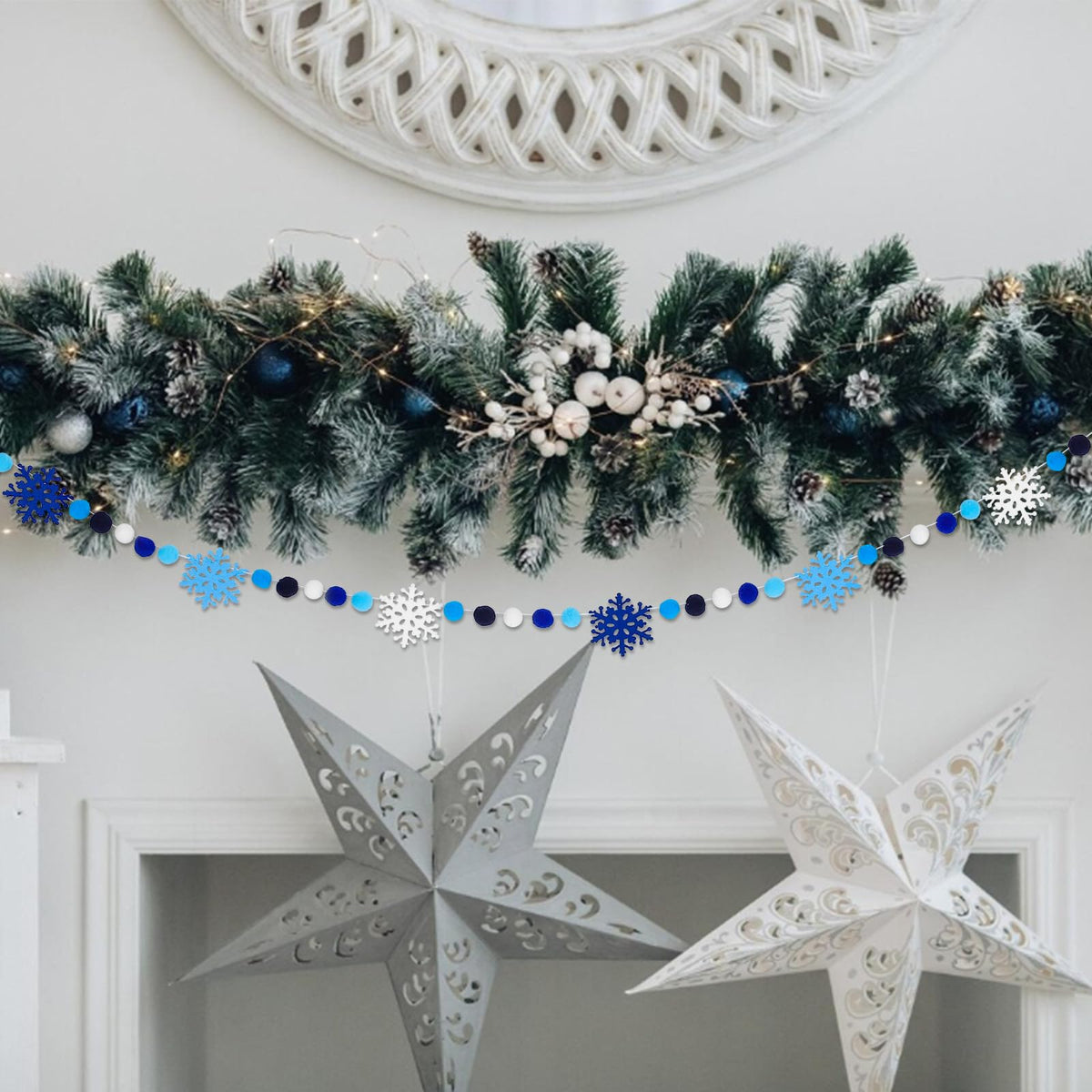 AnyDesign 8.2Ft Winter Snowflake Felt Ball Garland Cute Dark Blue Sky Blue White Pom Ball Banner Christmas Hanging Bunting Garland for Xmas Holiday Home Mantel Wall Decor Party Supplies