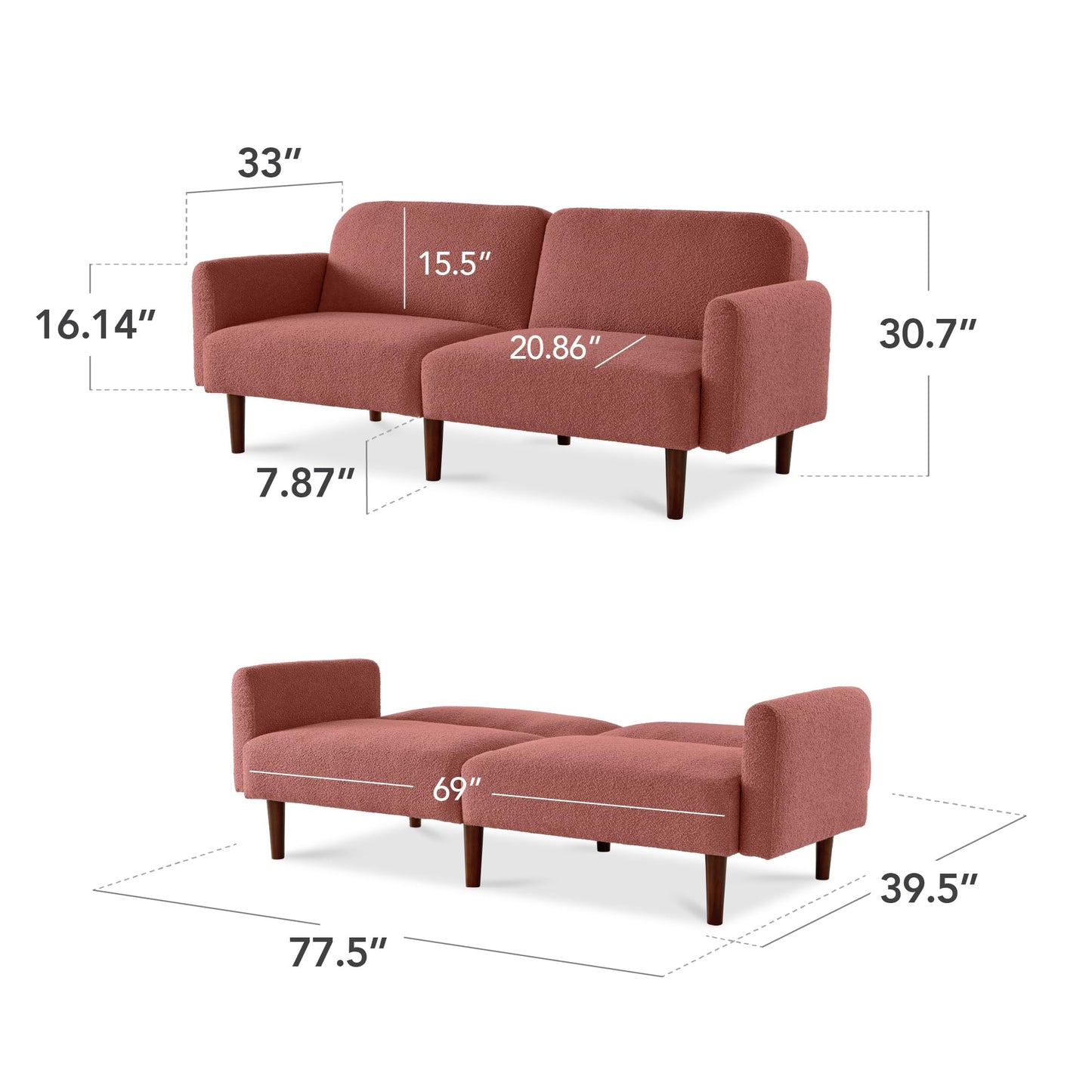 Best Choice Products 77" Mid Century Modern Boucle Loveseat Sofa, Couch, Convertible Sofa Sleeper Bed w/Real Wood, Removable Armrest - Mauve