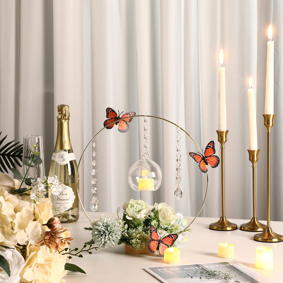 Leinuosen 6 Pack 12'' Metal Floral Hoop Centerpieces Set with Wooden Stand, Hanging Candle Holder, Acrylic Crystal Pendant Garland Crystal Garland String, for DIY Wedding Party Tabletop Decoration