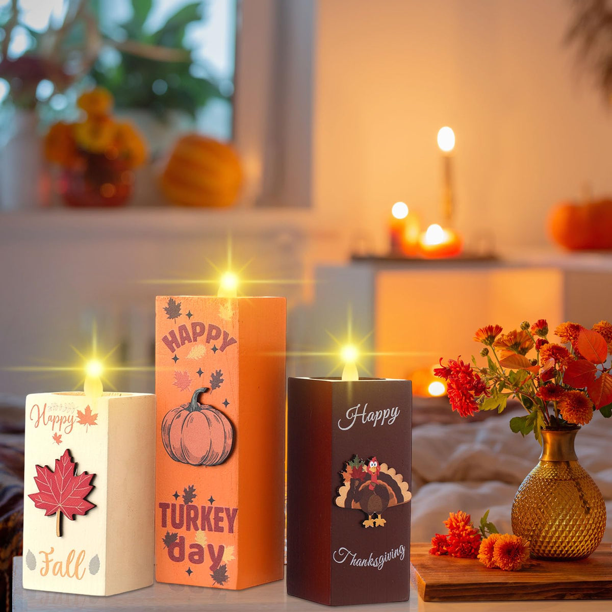 SiliFine 3 Pcs Thanksgiving Table Centerpieces Fall Candle Holders Thanksgiving Decorations Wooden Tealight Candle Holders Rustic Table Centerpieces for Home Office Holiday Decor Gifts