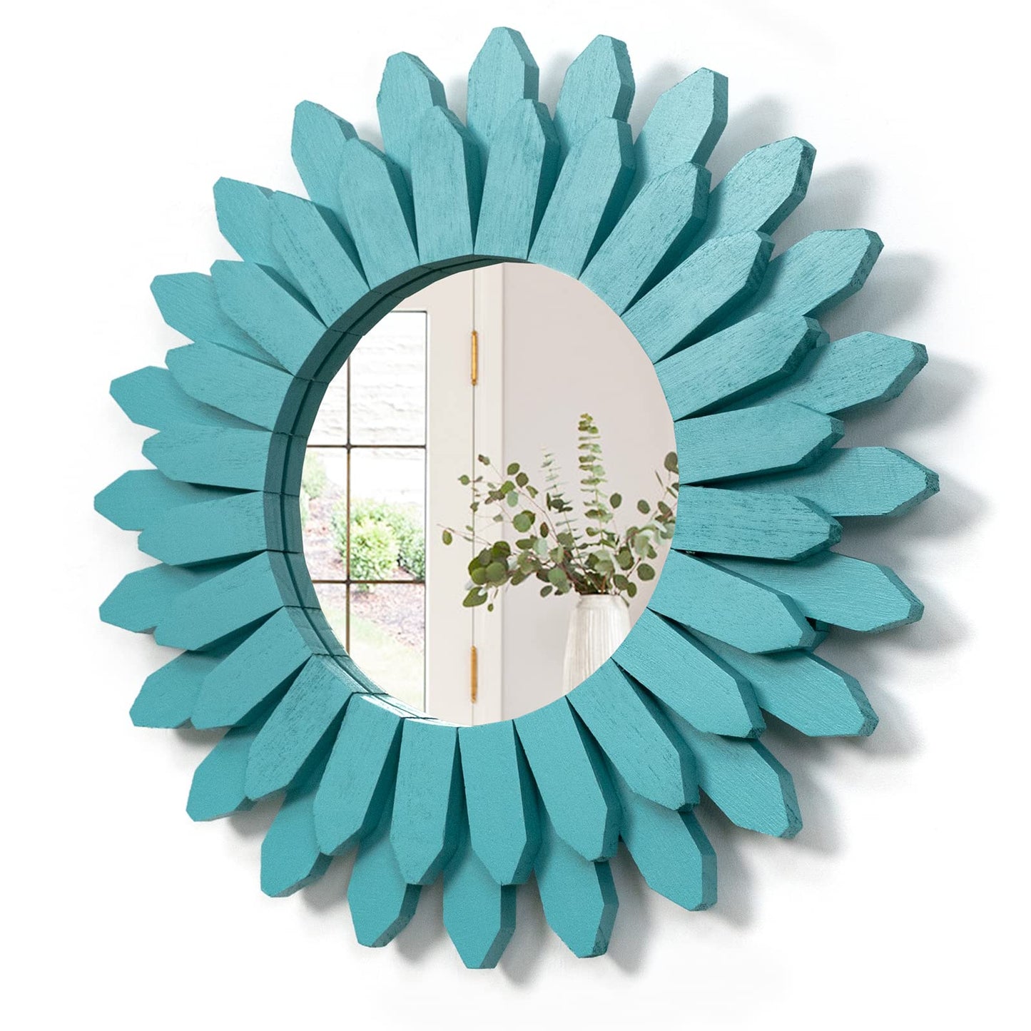 Honiway Beach Wall Decor Mirror 12 inch Wood Coastal Wall Decor Sunburst Boho Home Decor Room Decor for Bedroom Living Room Bathroom Cyan