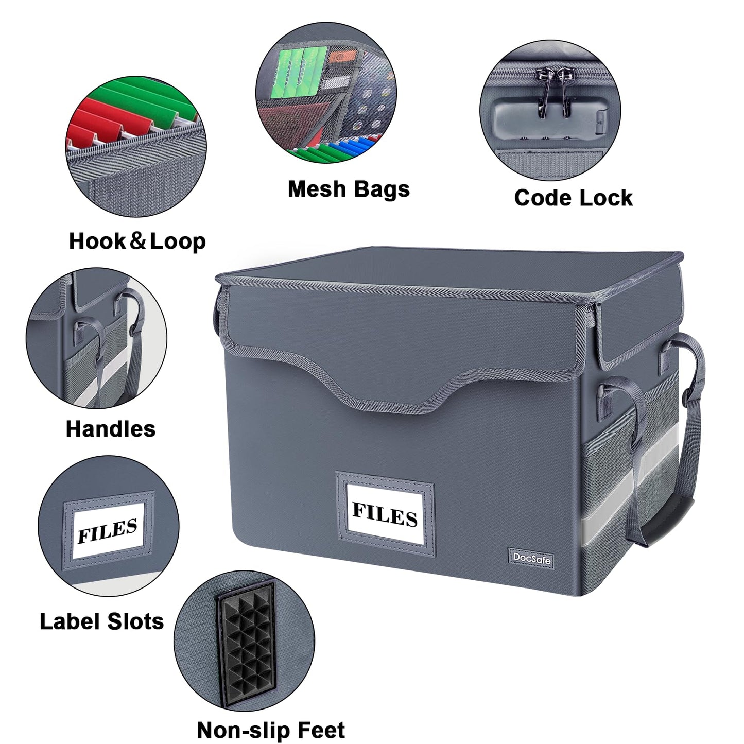 DocSafe Fireproof Document Box with Lock,File Storage Organizer with Zipper Pockets,Collapsible Portable File Box Home Office Safe Filing Cabinet with Handle for Hanging Letter/Legal Folders,Gray