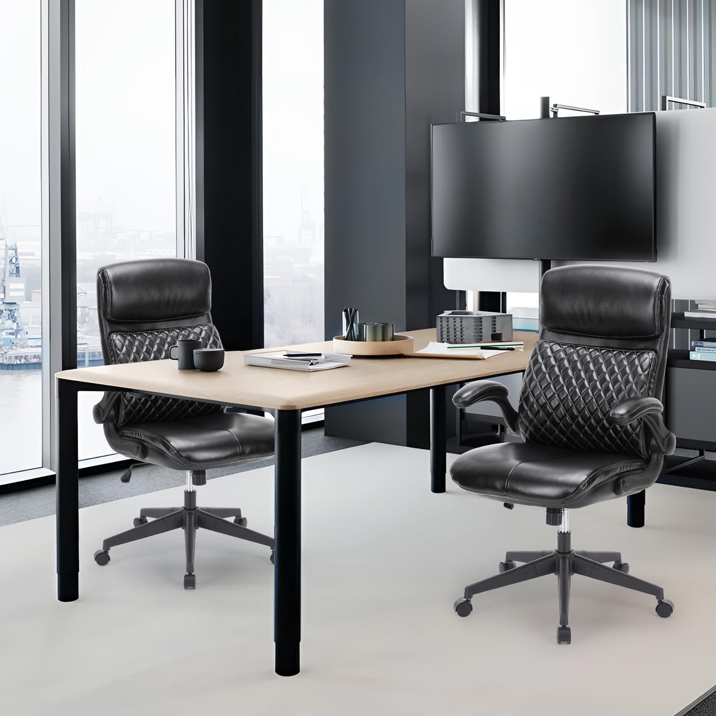 High Back Executive Office Chair-Ergonomic Computer Chair with Flip-up Arms, Executive Leather Office Chair, Adjustable Tilt Tension, Swivel Rolling Home Office Desk Chair-Black,300lbs