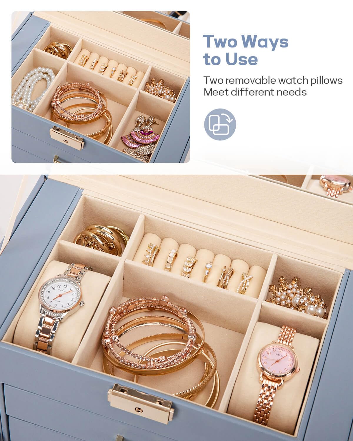 Homde Synthetic Leather Huge Jewelry Box Mirrored Watch Organizer Necklace Ring Earring Storage Lockable Gift Case (Grey Blue + Gold)
