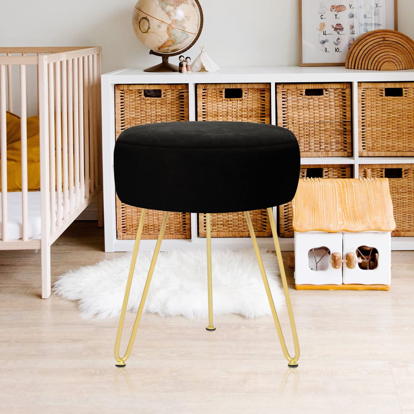 YOONIC Velvet Soft Modern Vanity Footstool -Round Footrest Stool Ottoman Side Table Seat Dressing with Golden Metal Leg and Sponge Filling,Upholstered Foot Rest, for Living Room and Bedroom Black