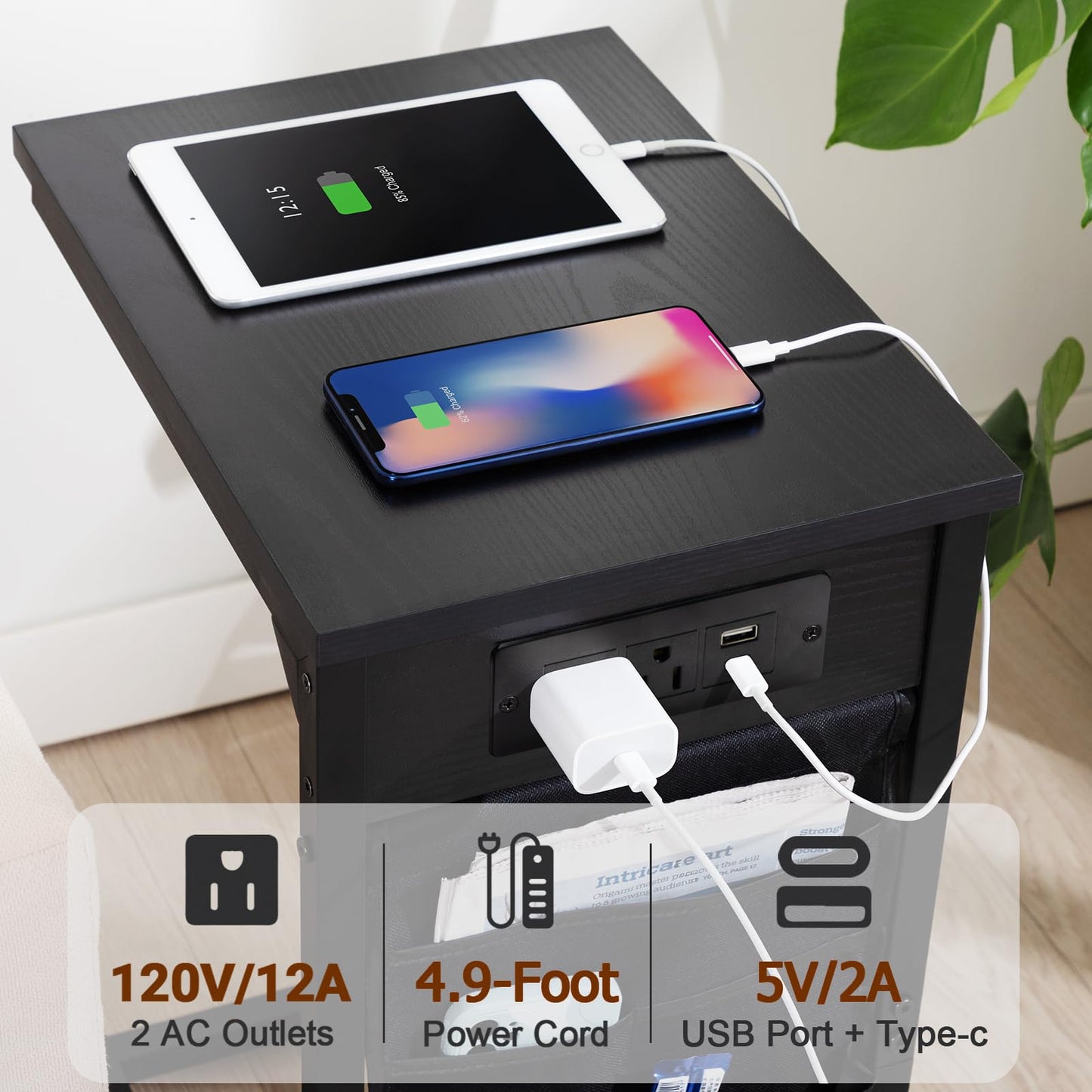 AMHANCIBLE C Shaped End Table with Charging Station, Couch Side Tables that Slide Under Sofa with Storage Bag, Slim TV Tray with USB Ports for Living Room, Bedroom, Black, HET04CBK